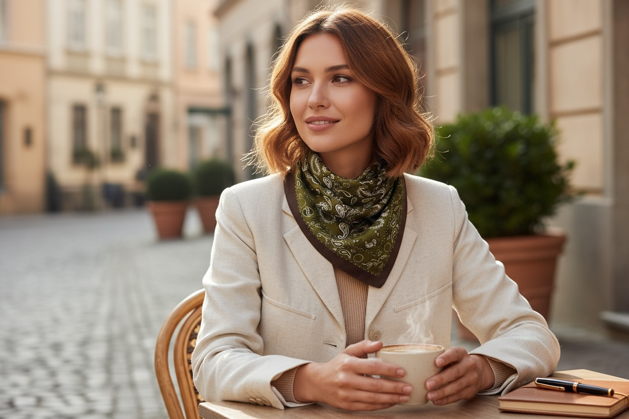 Foulard carré satin kaki & chocolat