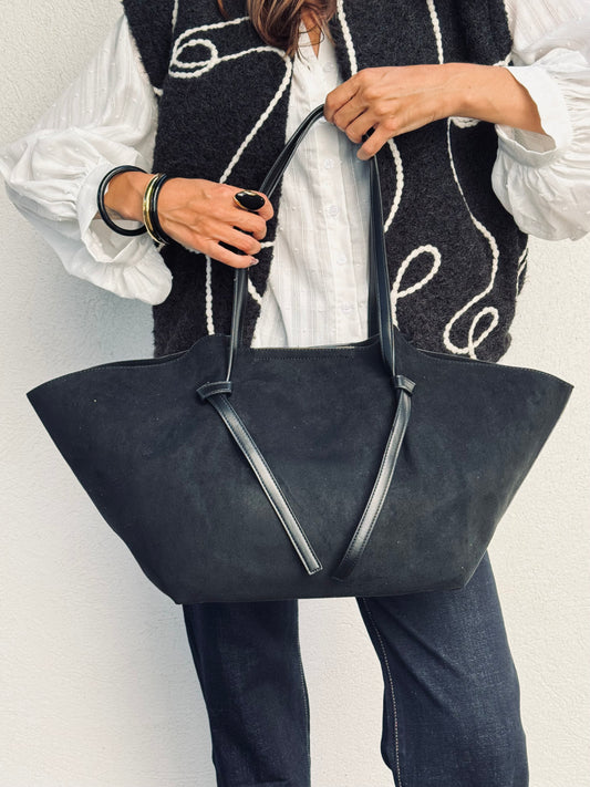 Sac cabas façon nubuck – Grand format avec pochette & bandoulière noir