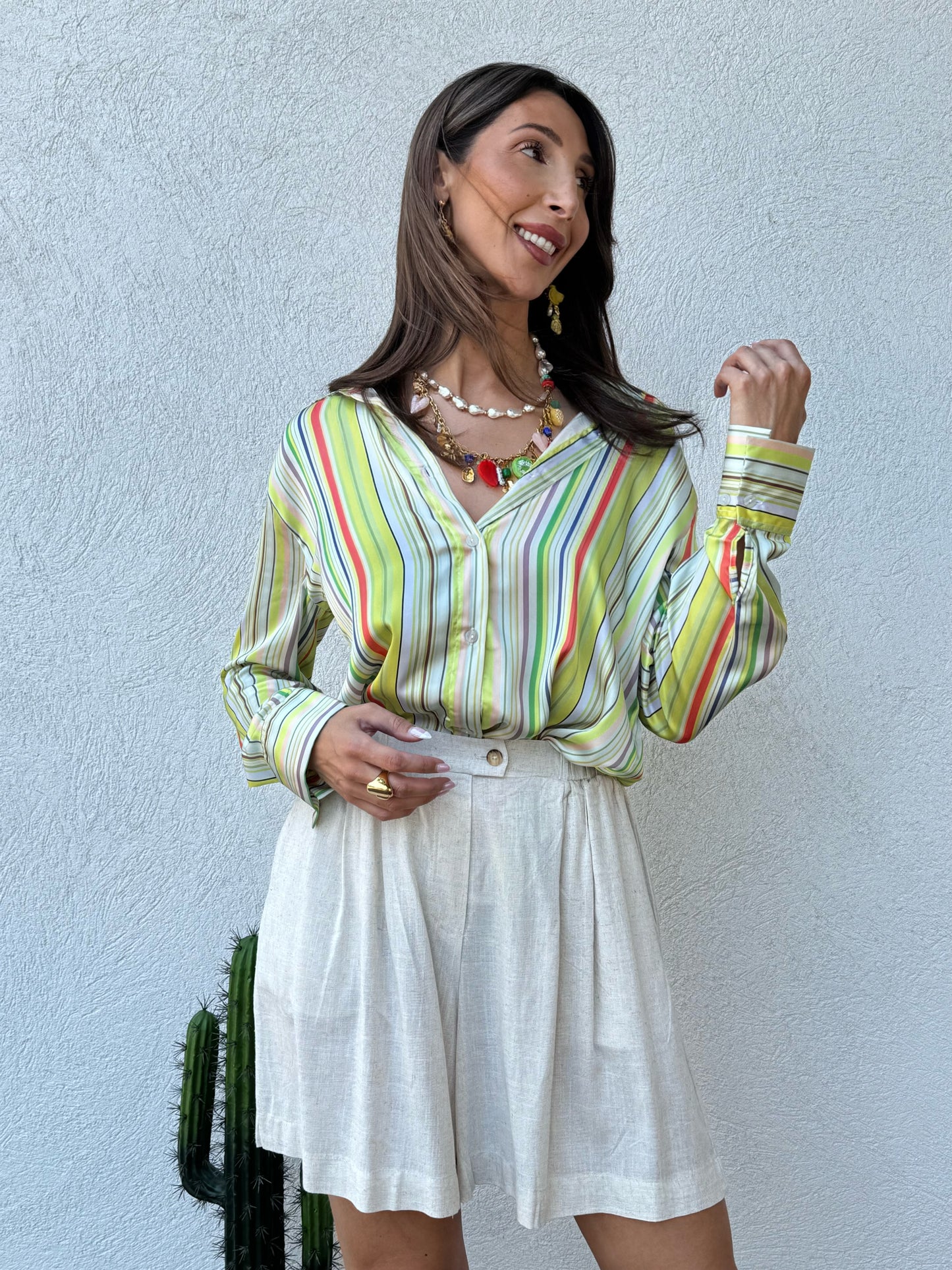Chemise rayée satinée “Sunlight Mood”- anis limonade