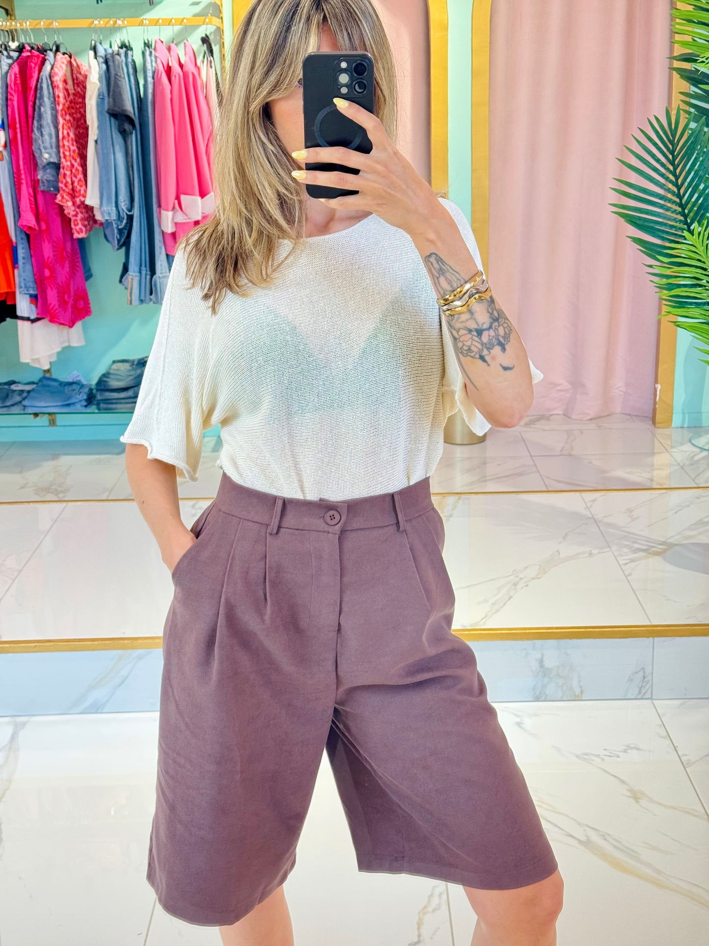 Bermuda ample effet nubuck – Purple Queen coloris chocolat