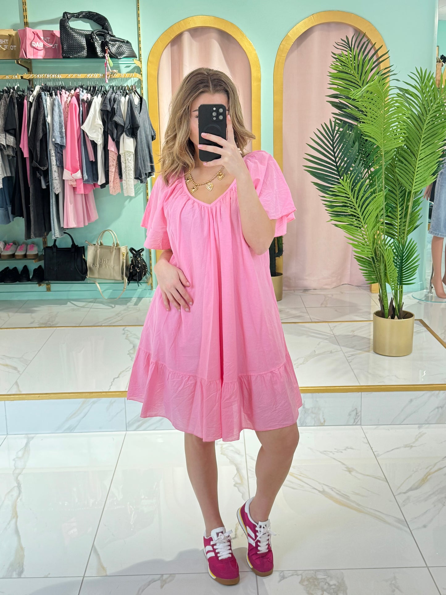 Robe coton col V dos noué - Rose