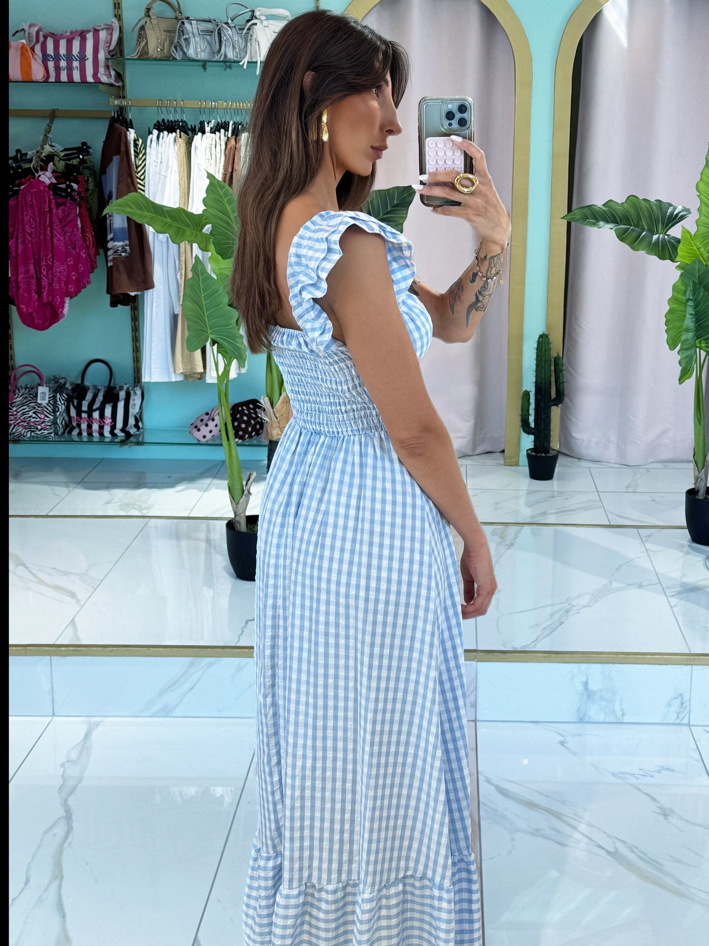 Robe longue vichy - bleu ciel