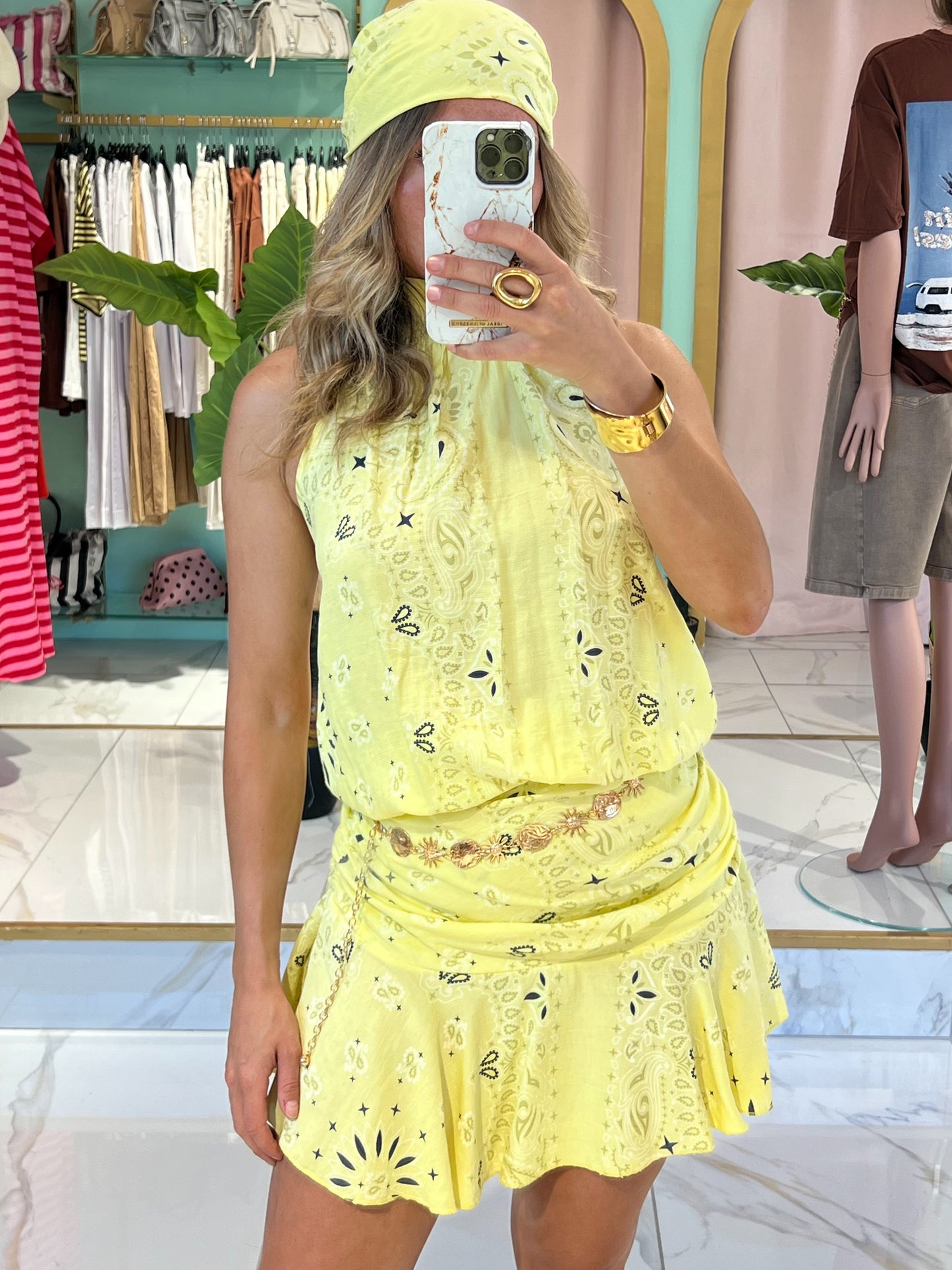 Ensemble top / jupe et foulard bandana - jaune pastel