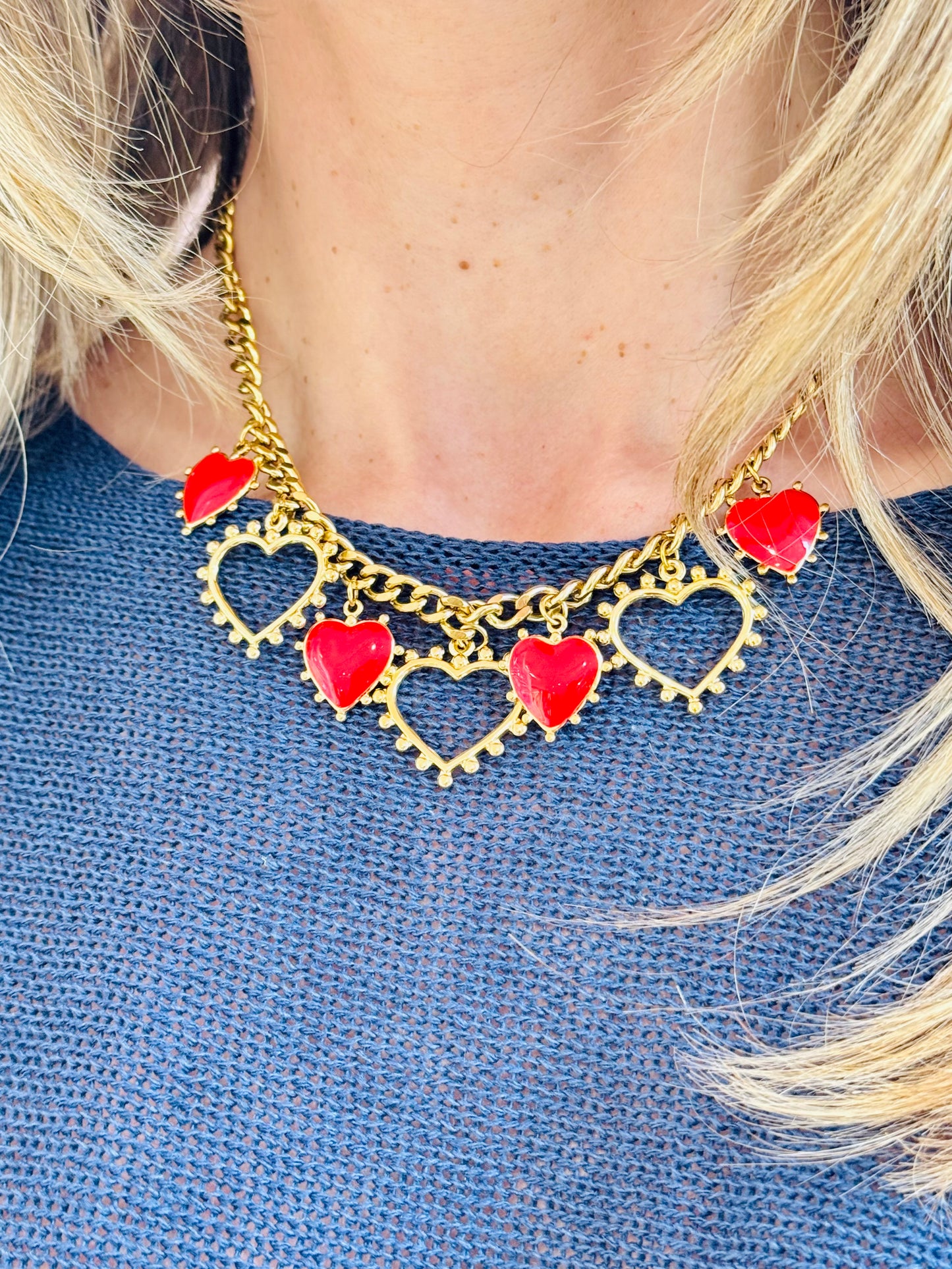 Collier multi cœurs rouge & or