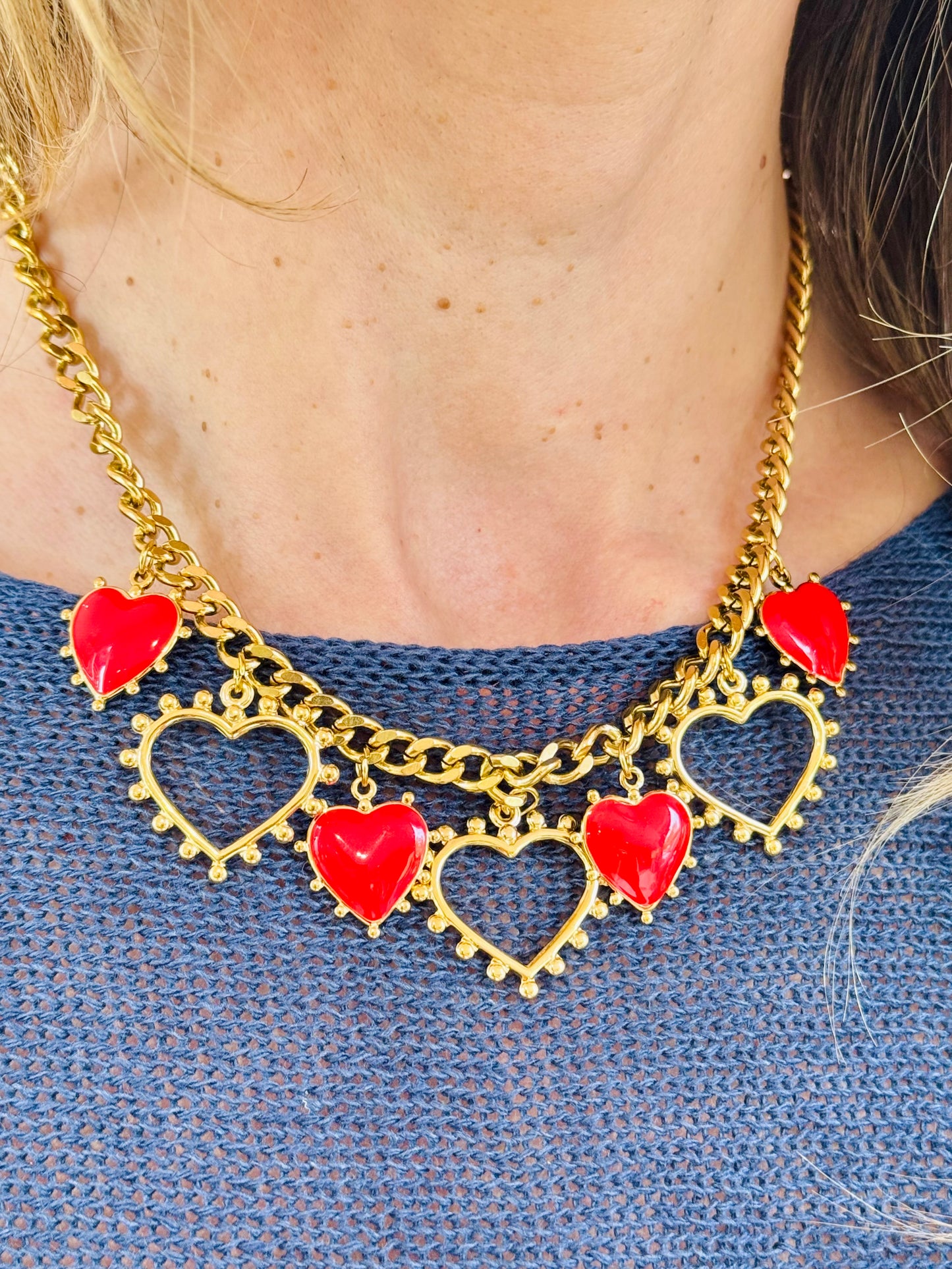 Collier multi cœurs rouge & or