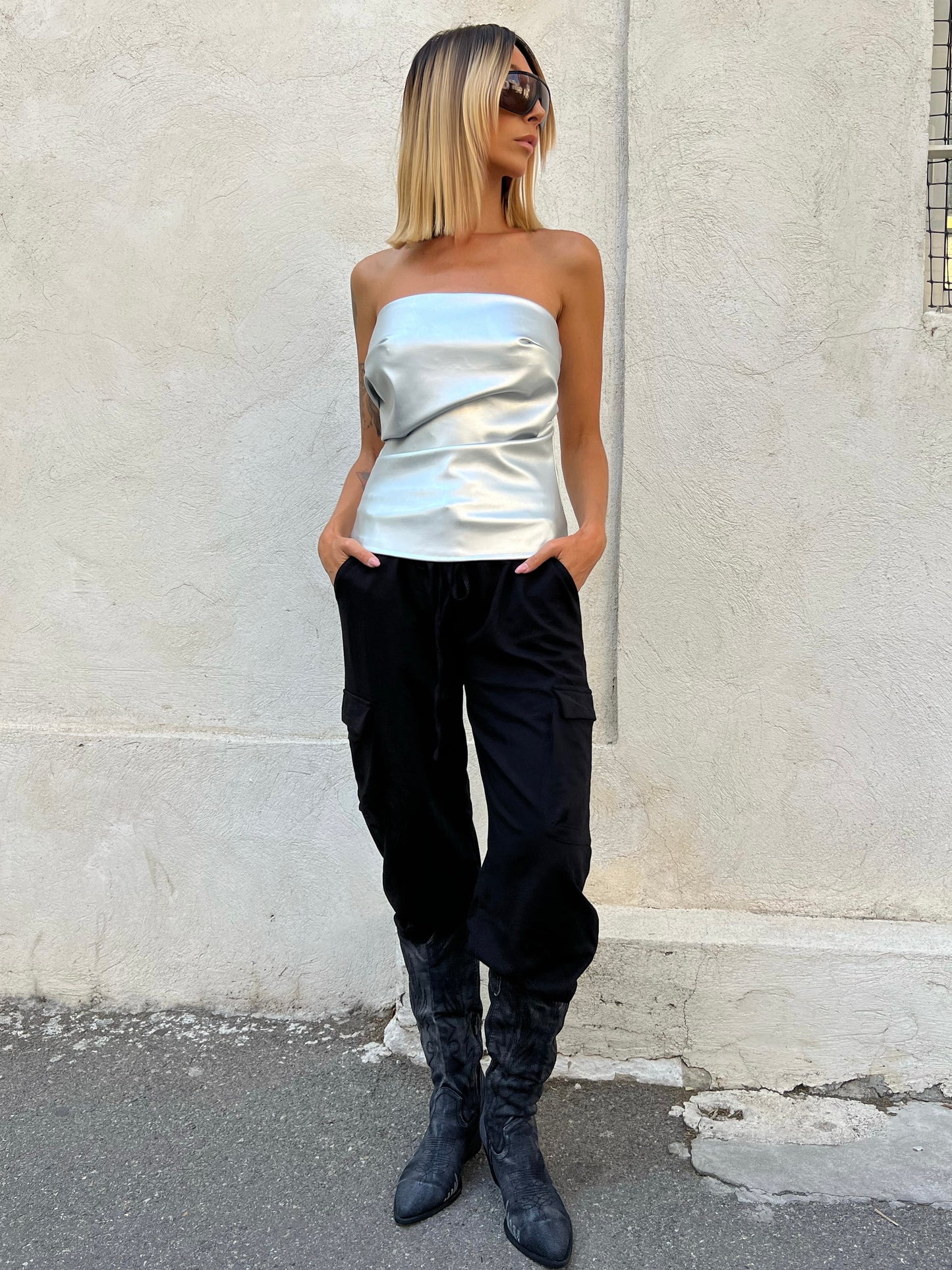 Top bustier en similicuir argenté