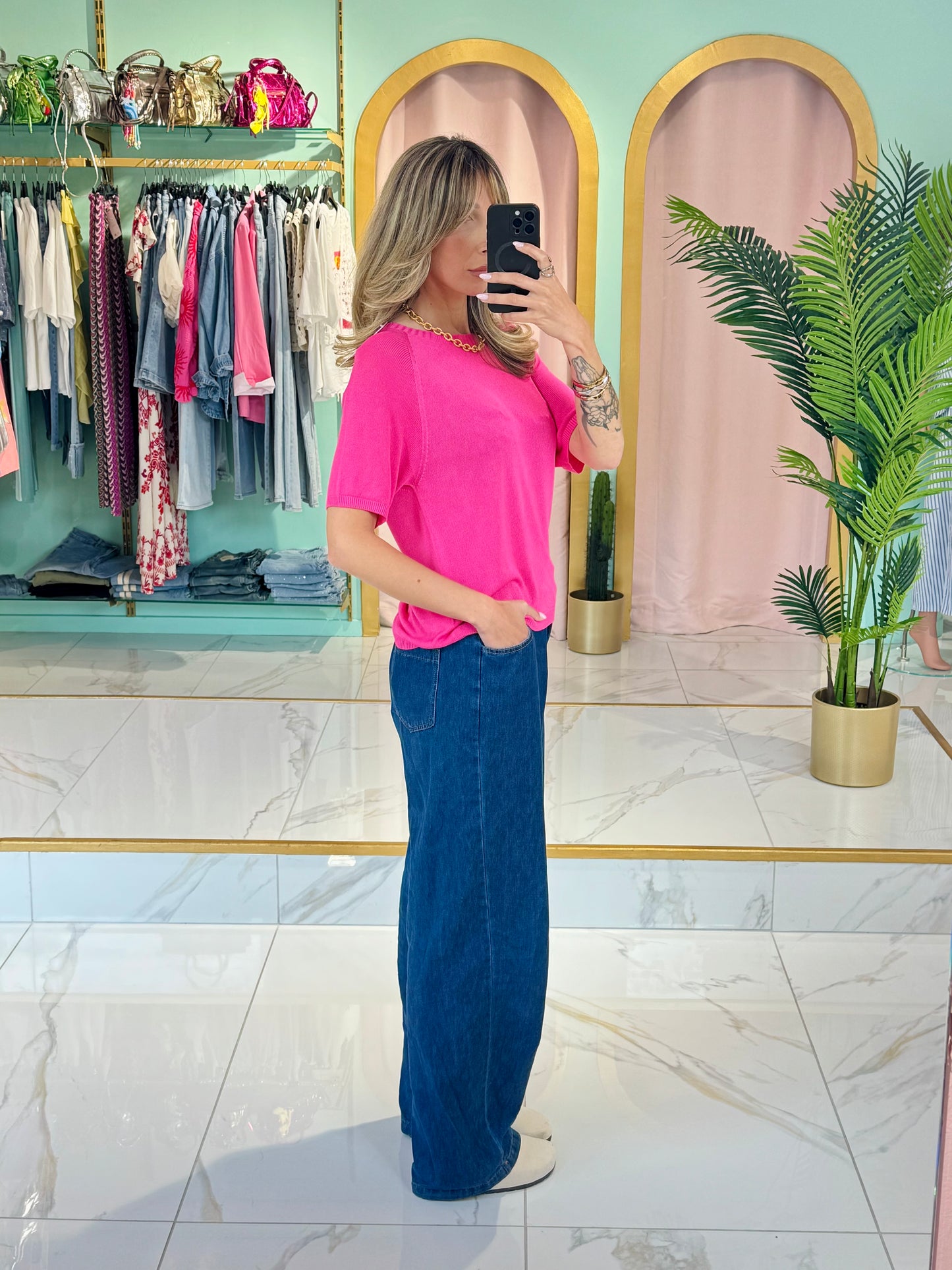 Top en maille fluide – confort & basique coloris fushia