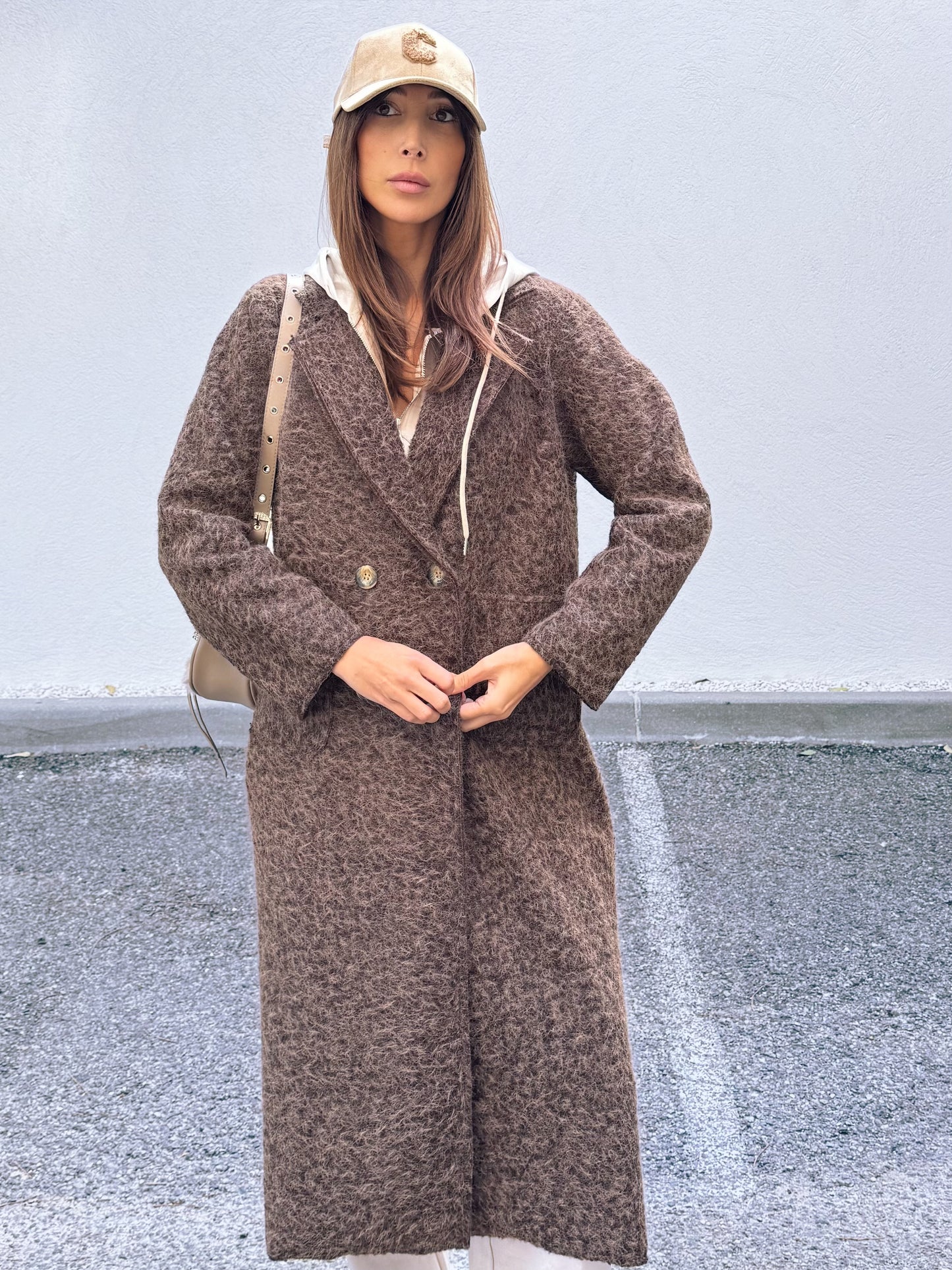 Manteau long façon laine bouillie marron