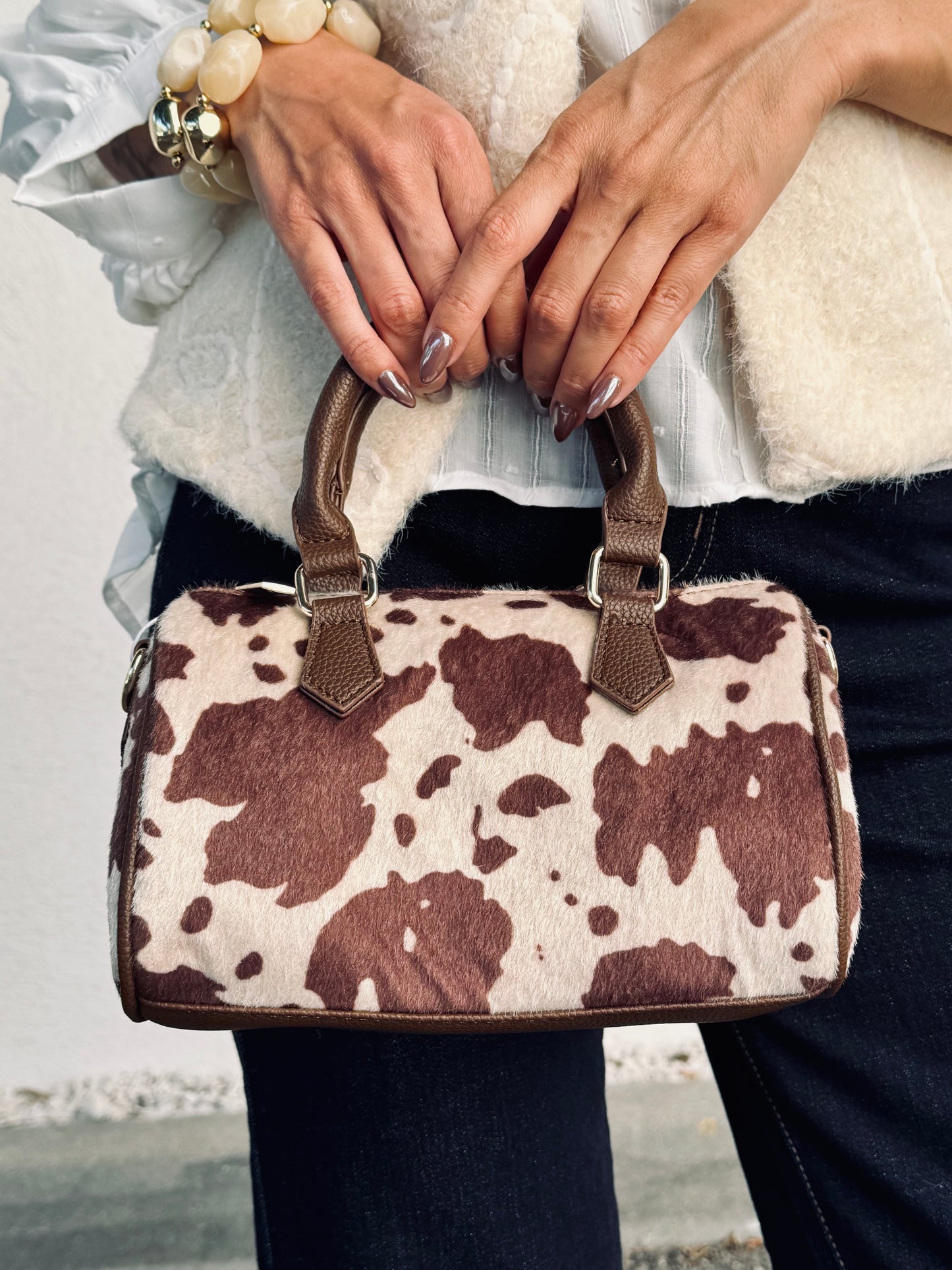 Sac bowling imprimé vache – Bandoulière réglable – Faux poils
