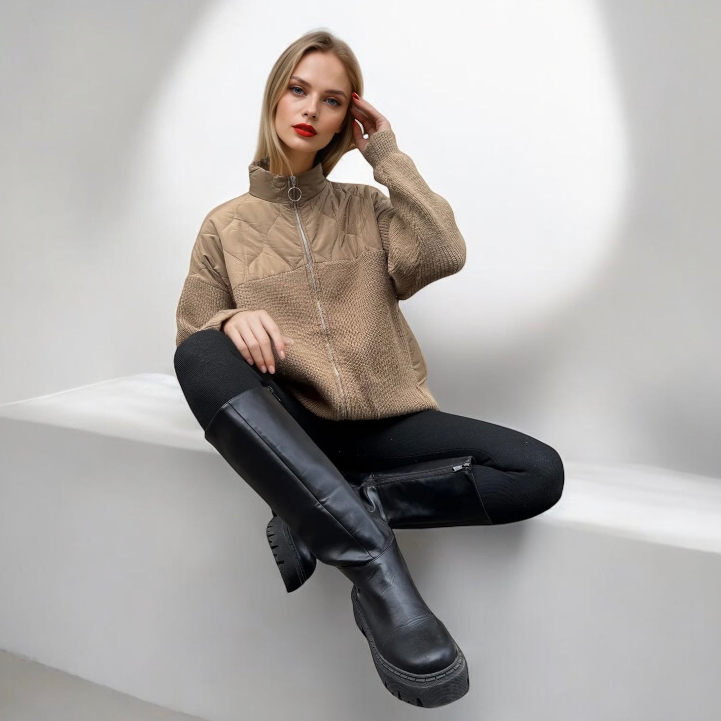 Veste bimatiere matelassée et maille Camel