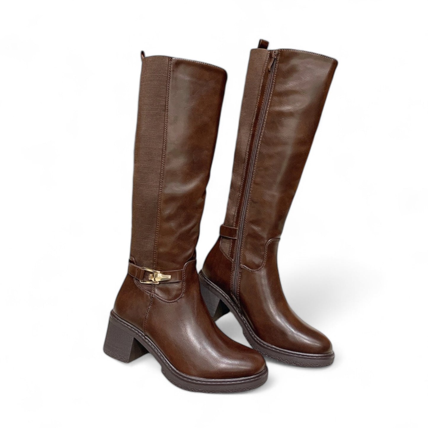 Bottes Marron à Talons avec Boucle Dorée et Zip