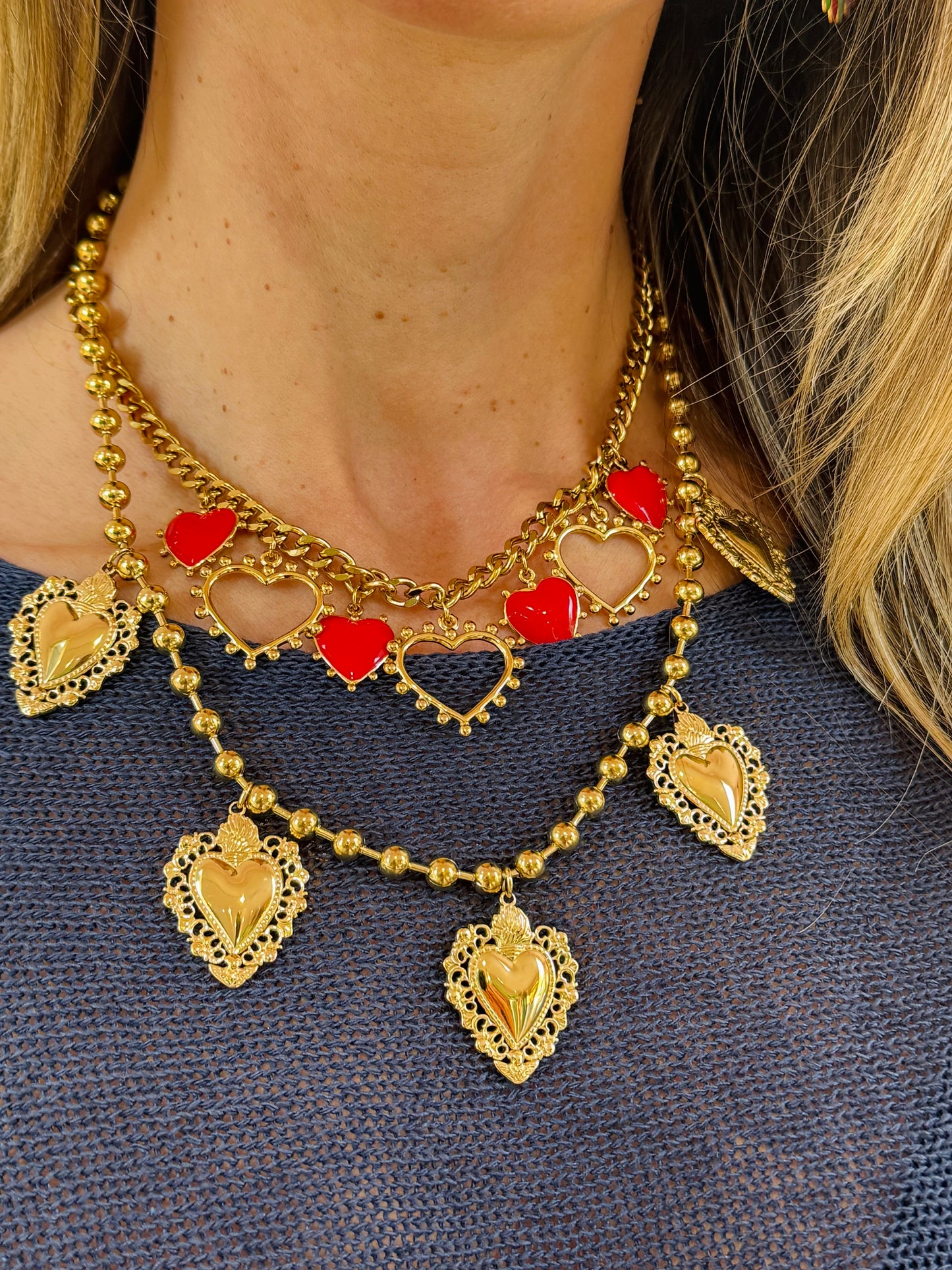 Collier multi cœurs rouge & or