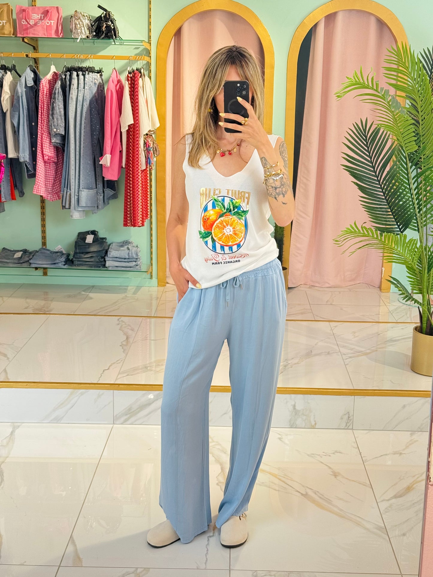 Pantalon fluide en viscose ceinture cordon bleu ciel