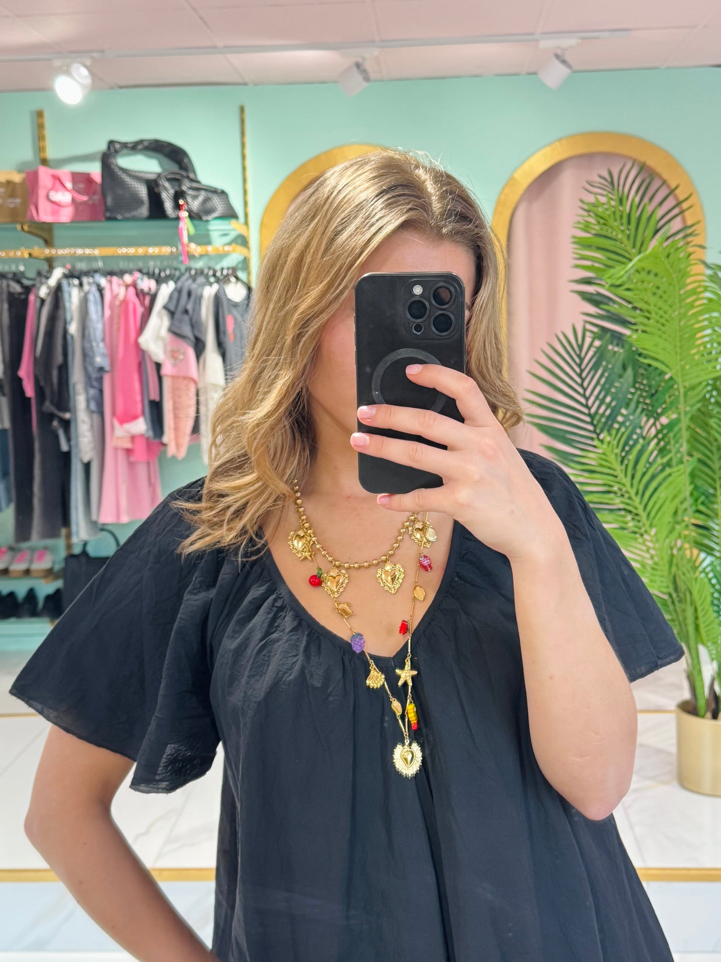 Robe coton col V dos noué - Noir