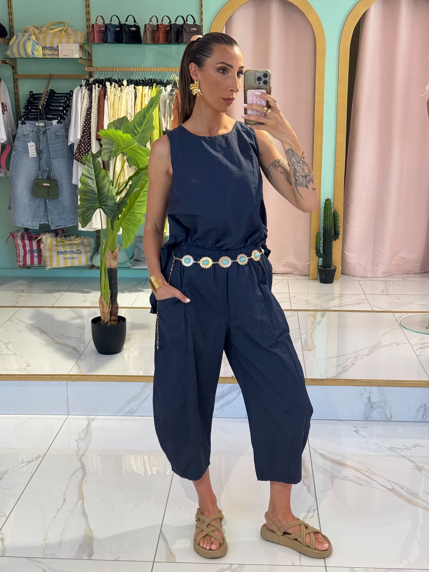Top en coton loose ouvert dans le dos - bleu marine