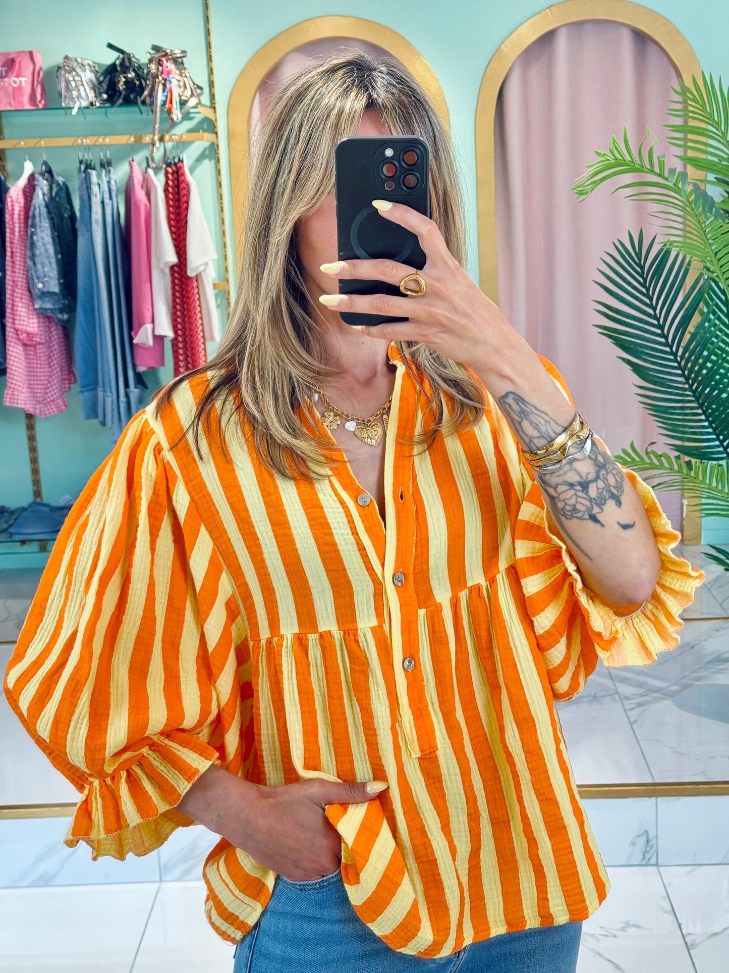 Blouse rayée en gaz de coton jaune et orange