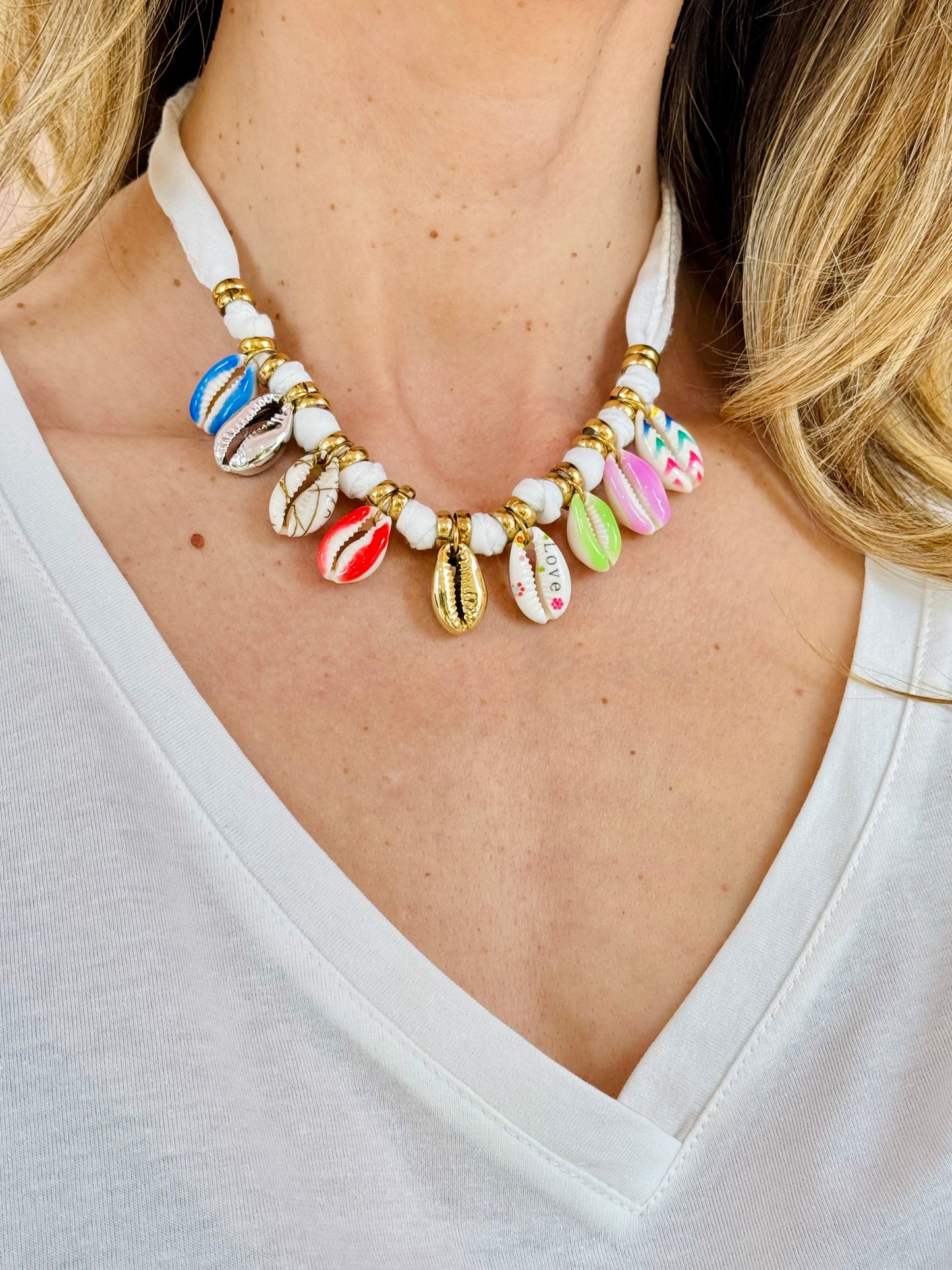 Collier tissu et coquillage - Mile et Mila blanc