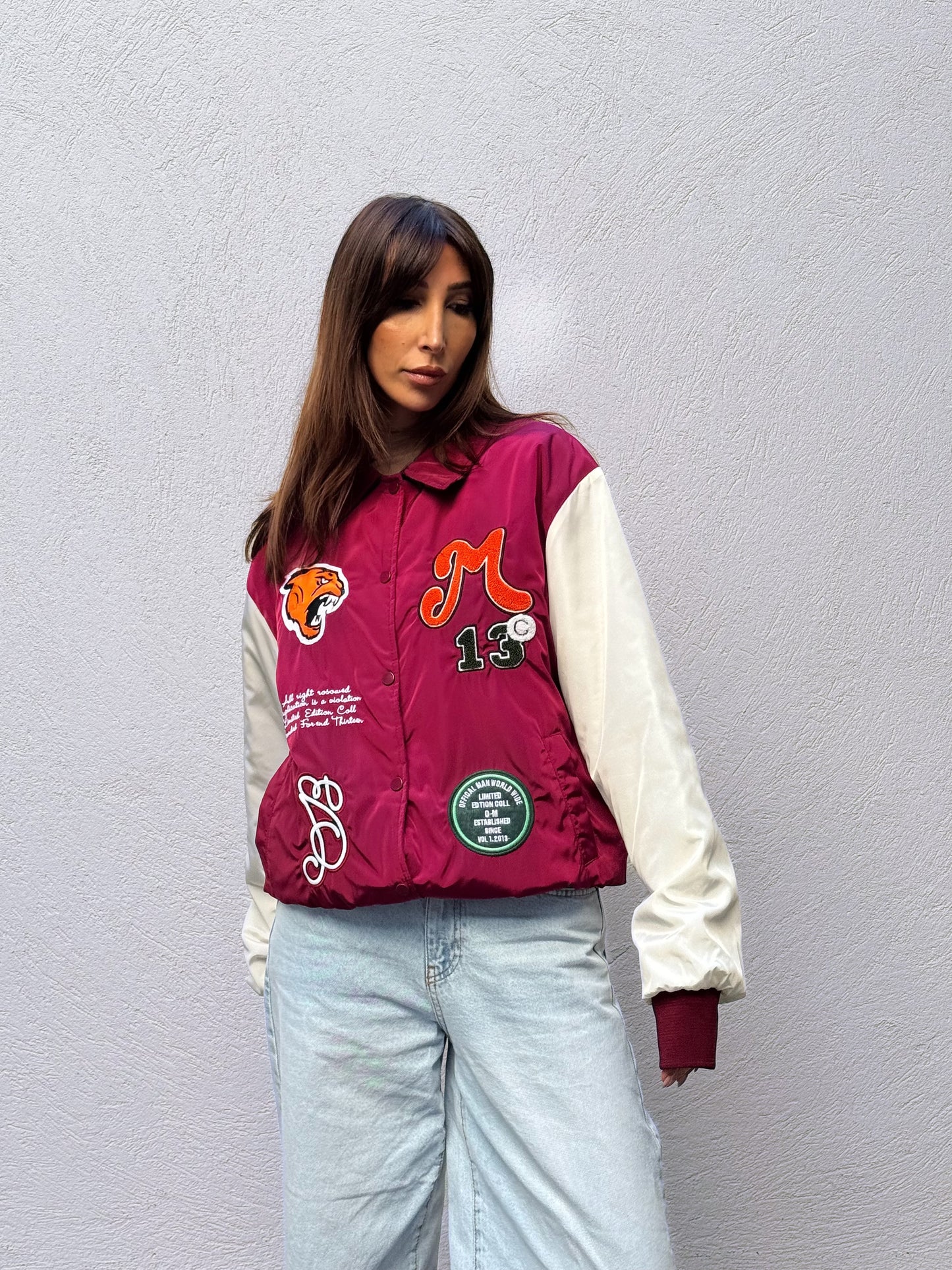 Blouson college brodé bicolore avec poches bordeaux