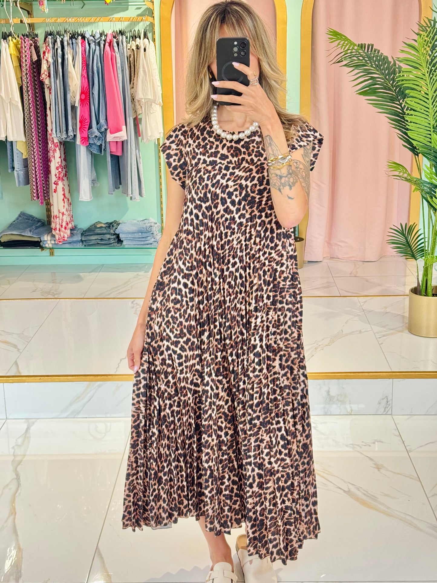 Robe longue plissée léopard – marron