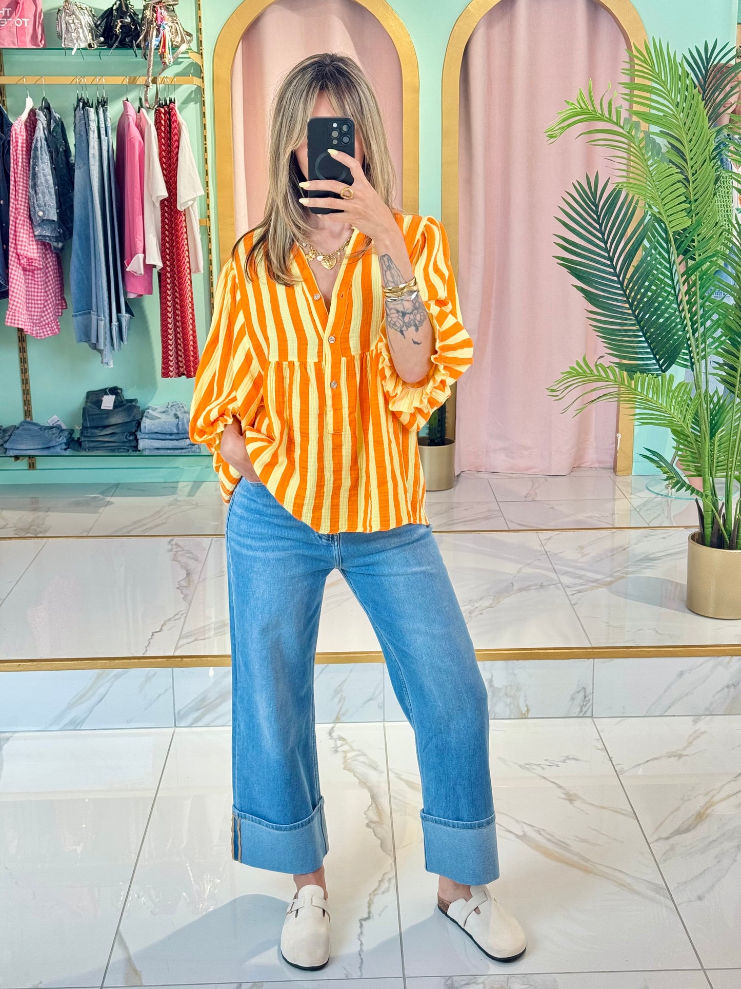 Blouse rayée en gaz de coton jaune et orange