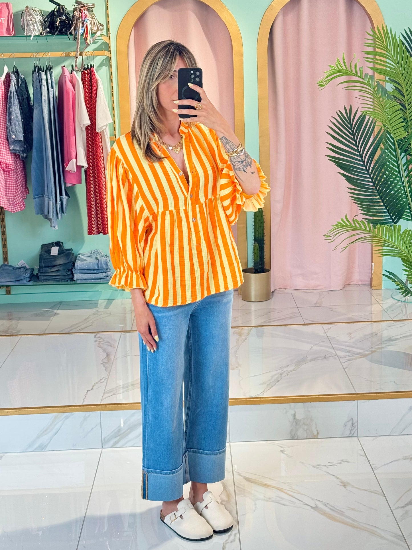 Blouse rayée en gaz de coton jaune et orange