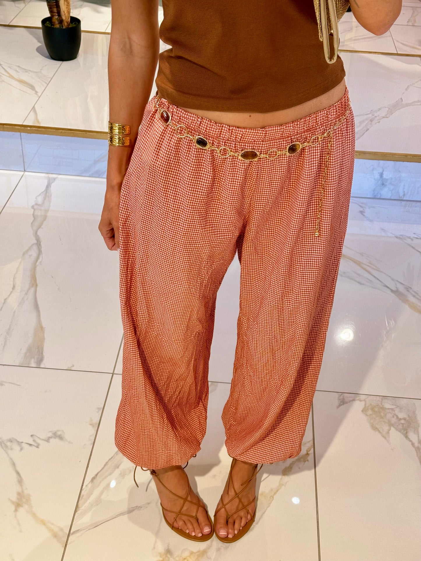 Pantalon bouffant à petit carreaux - terracota