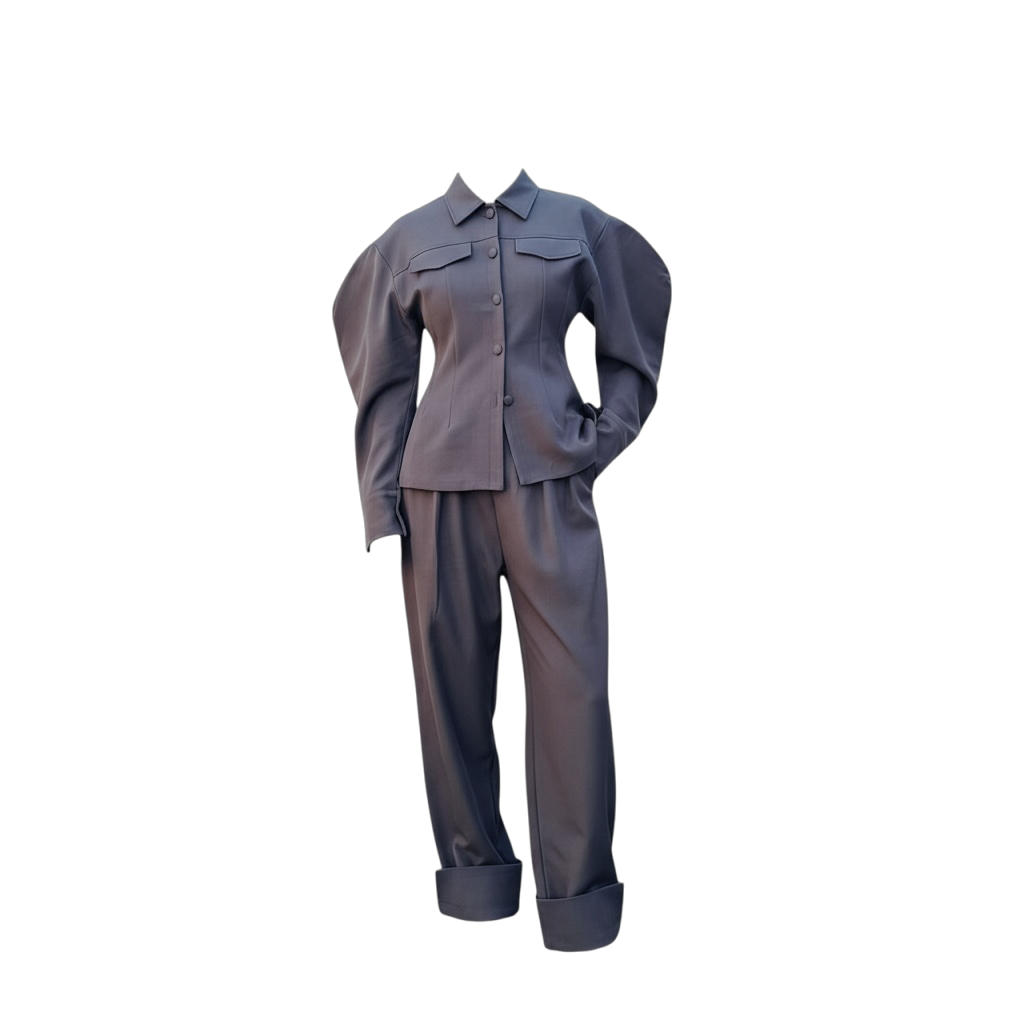 Ensemble Couture Marron Taupe – Veste à Manches Ballon & Pantalon Taille Haute