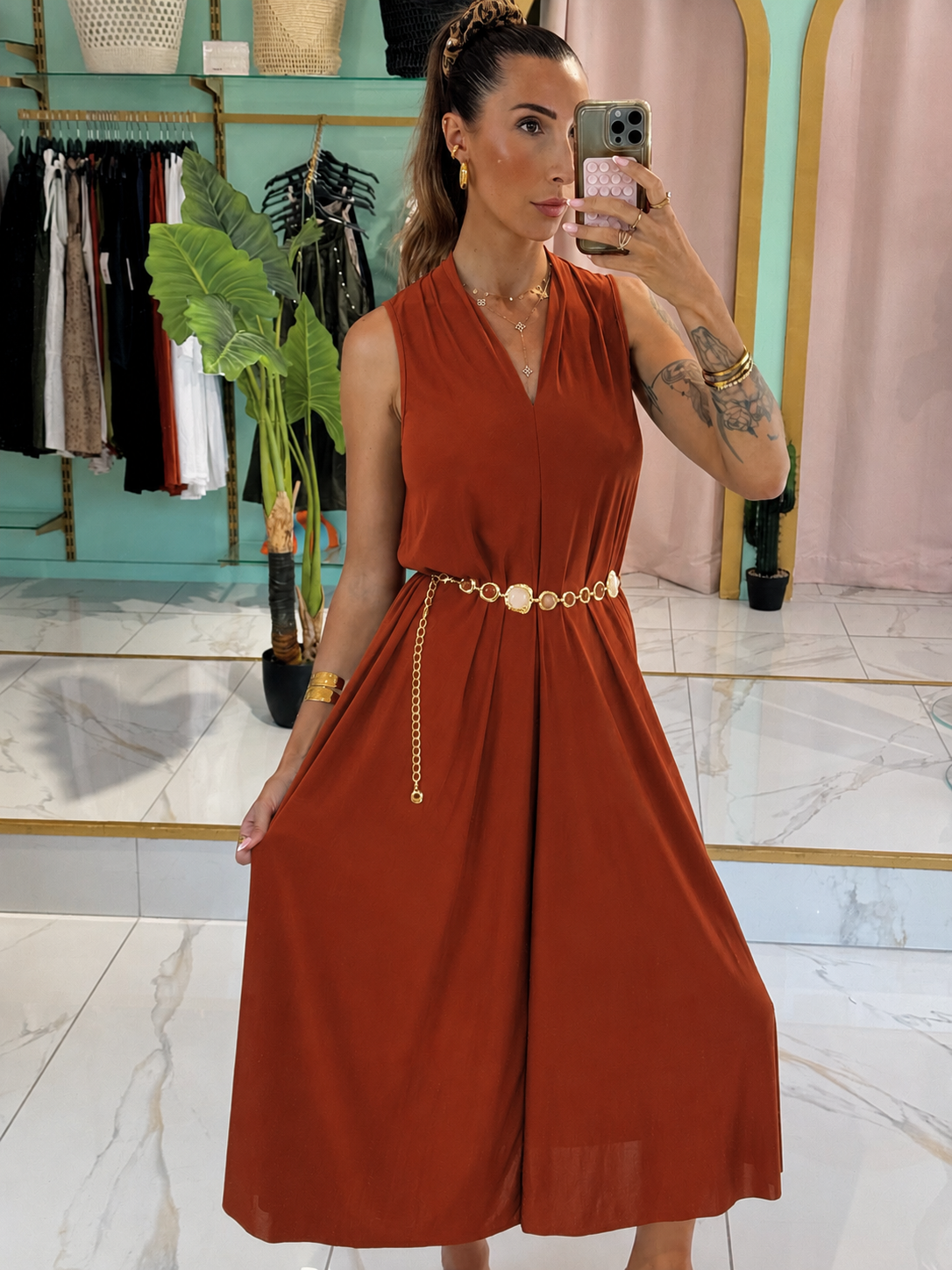 Robe longue unie matière confort -terracota