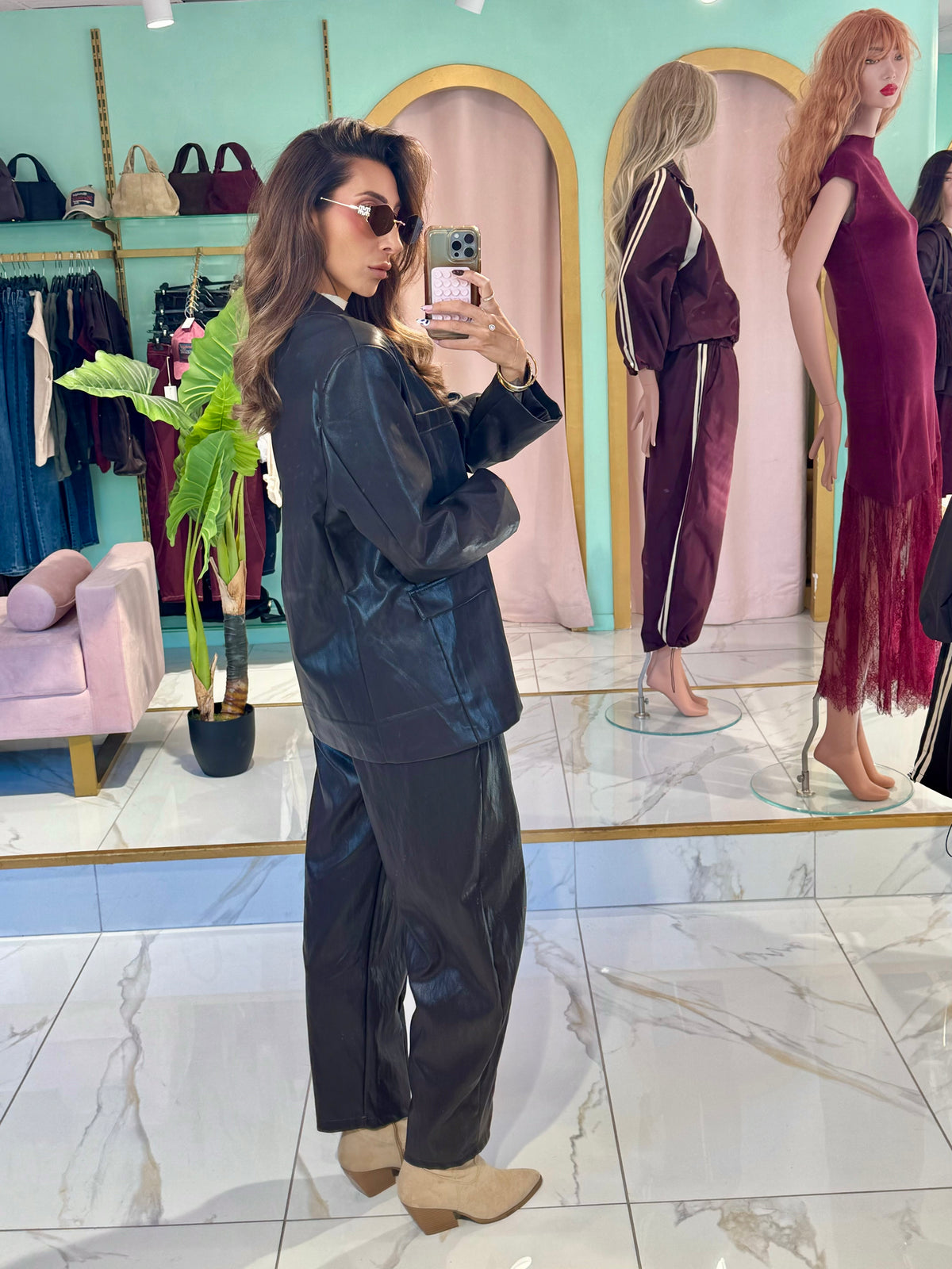 Veste tailleur oversize en simili cuir - marron foncé