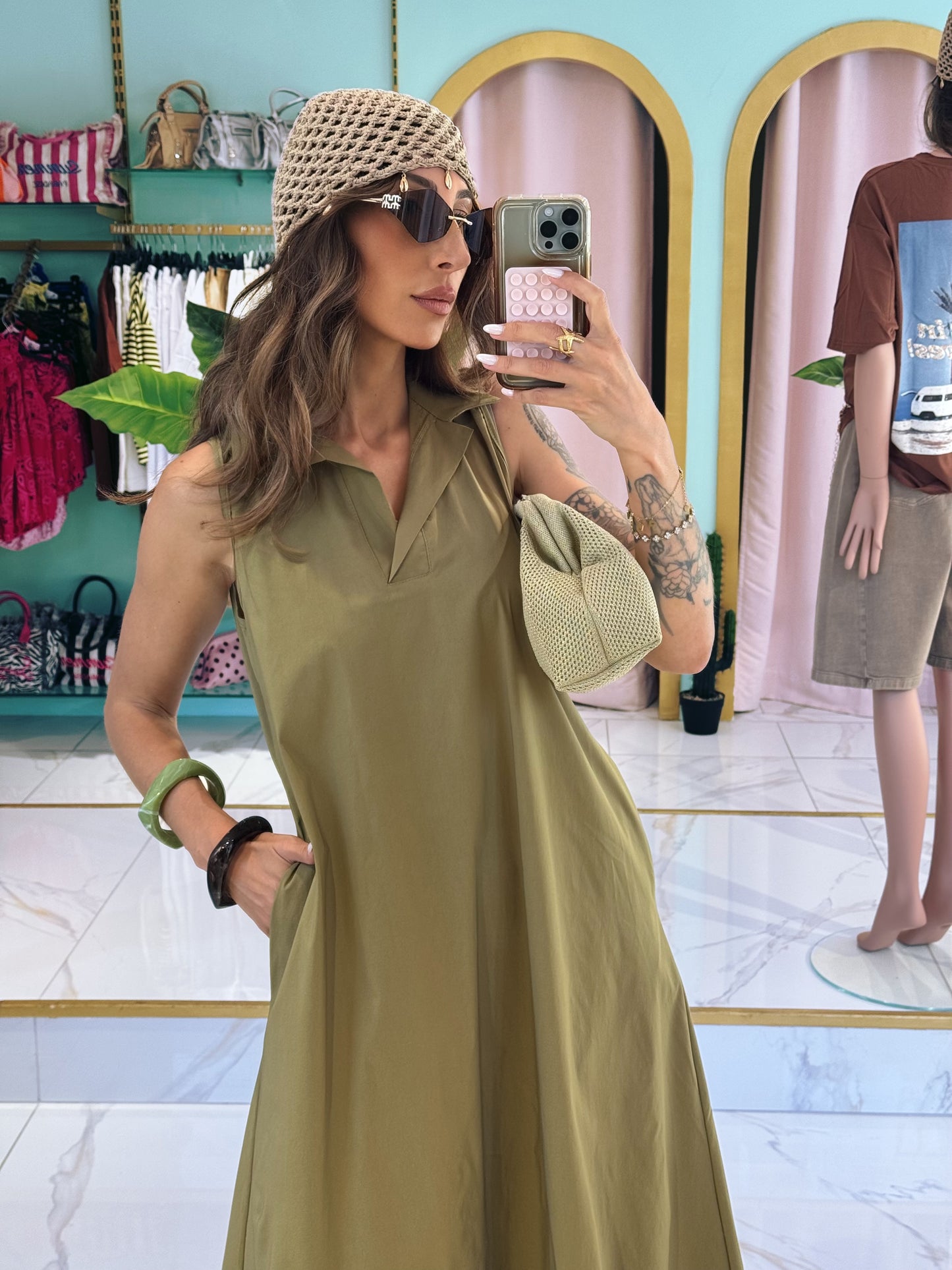 Robe midi col chemise - pistache