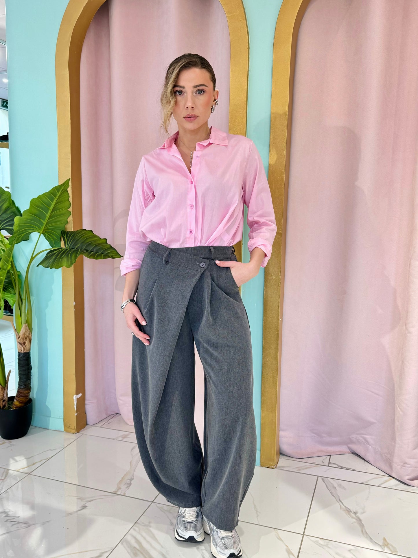 Chemise basique oversize unie rose pastel