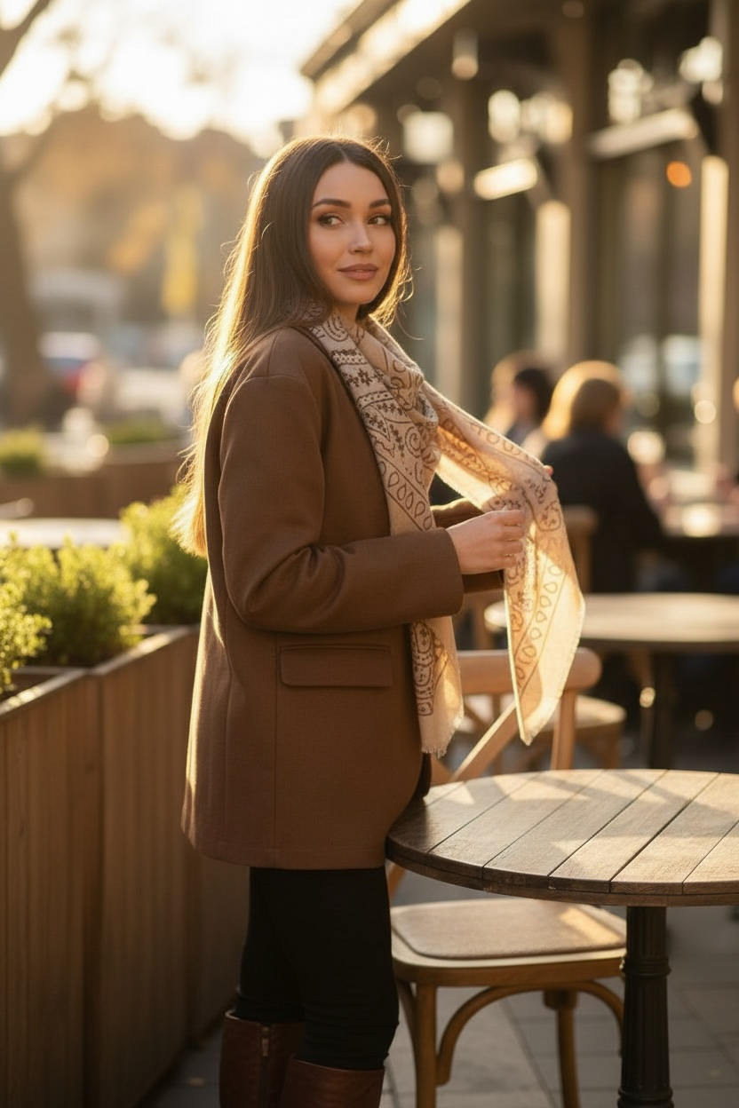 chèche imprimé style bandana – beige & chocolat