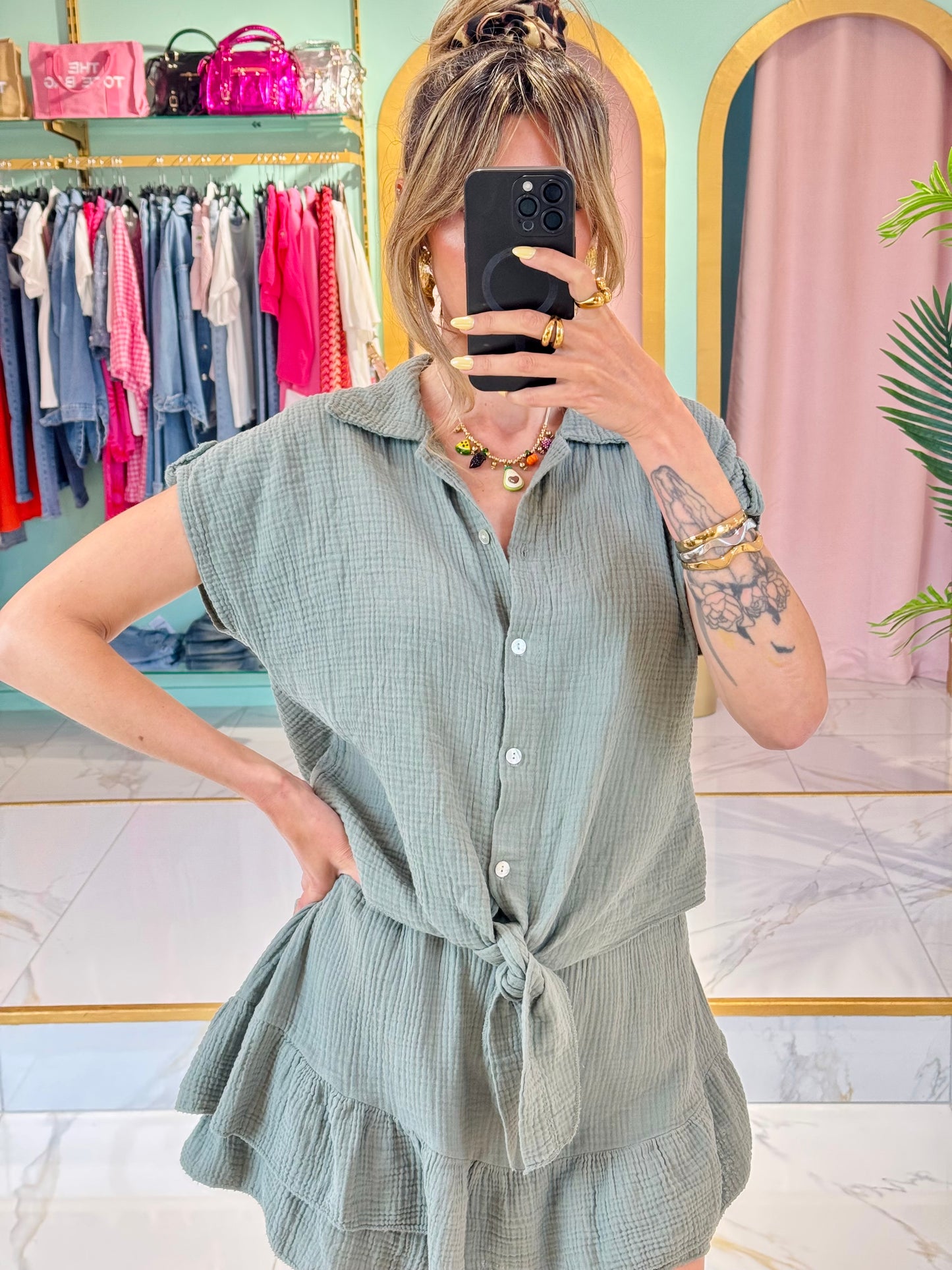 Jupe-short à volants en gaze de coton – kaki