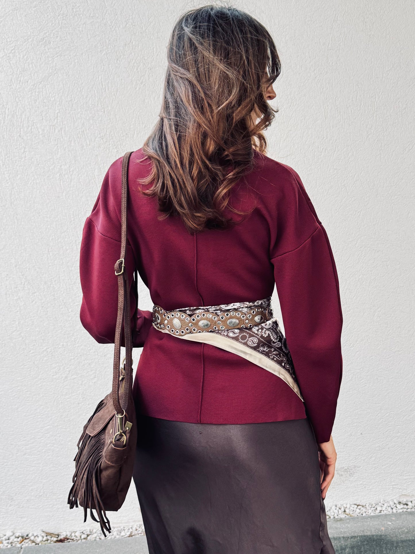 Veste-gilet en maille épaisse bordeaux – Manches ballon & crochets