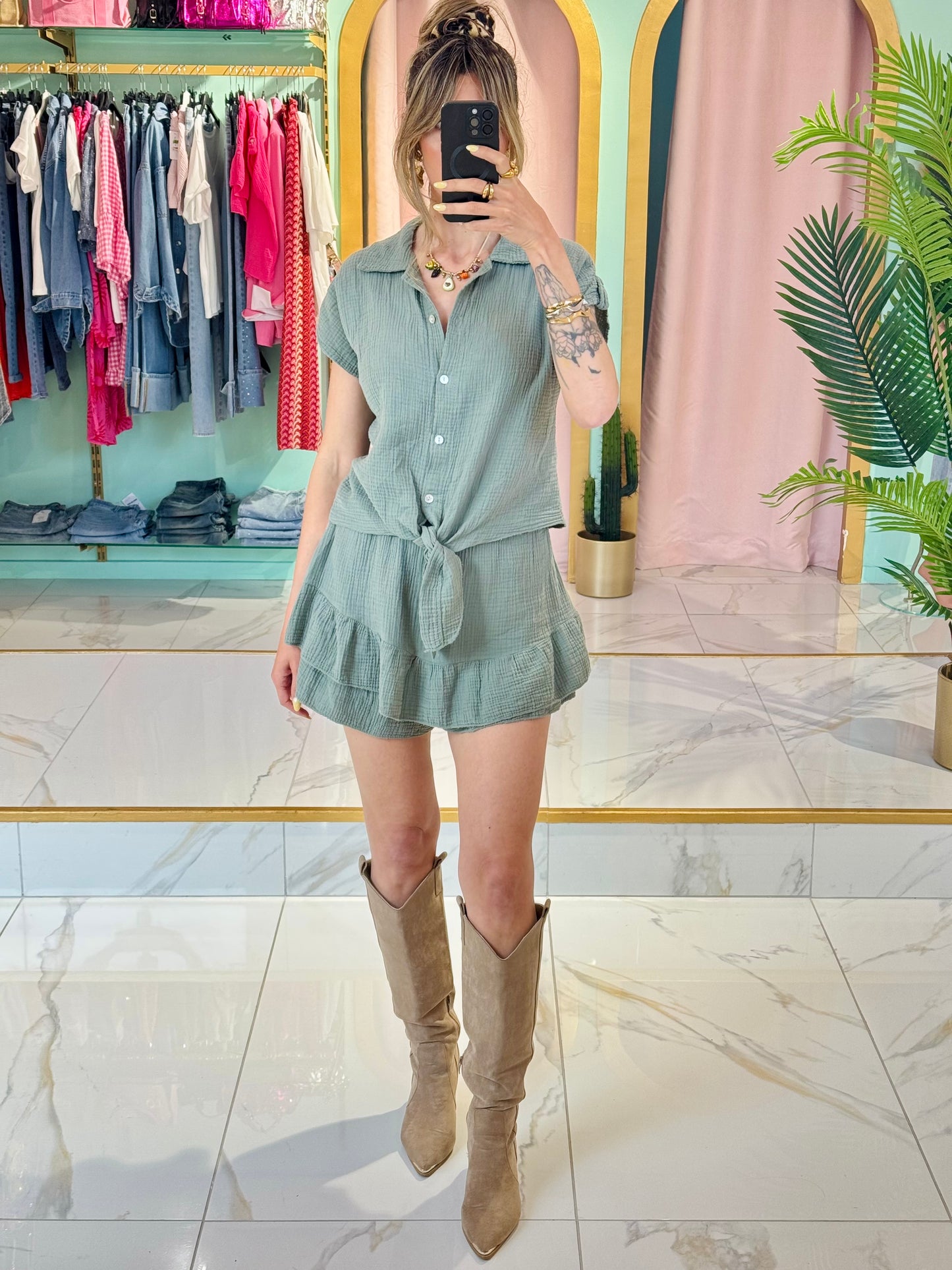 Jupe-short à volants en gaze de coton – kaki
