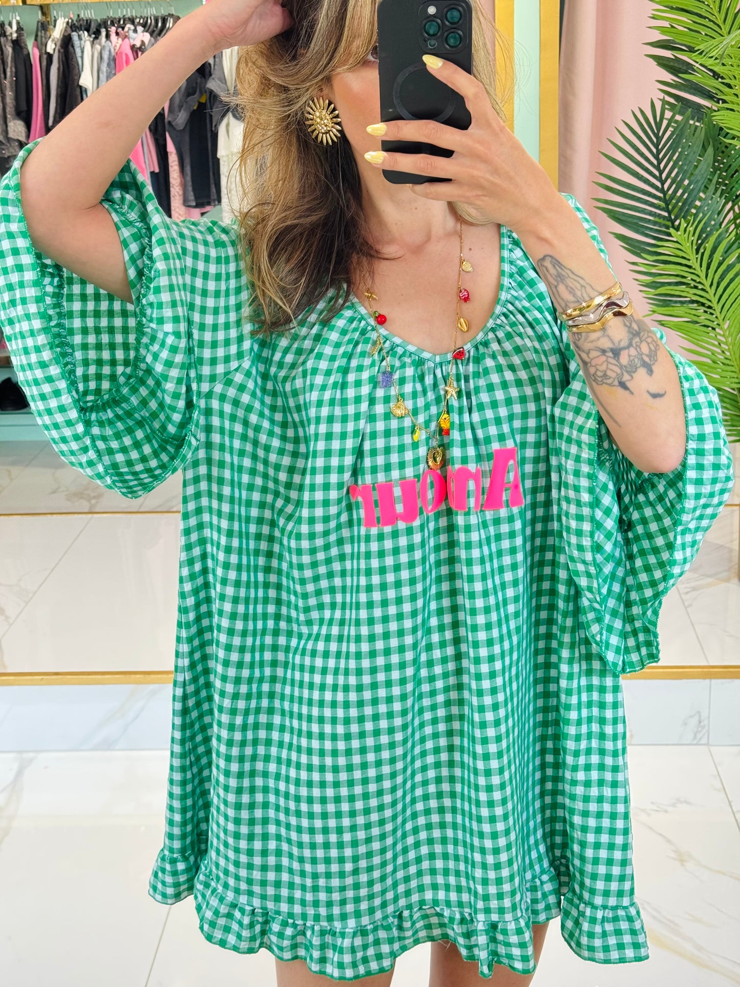 Robe trapèze à carreaux « Amour » – Vert