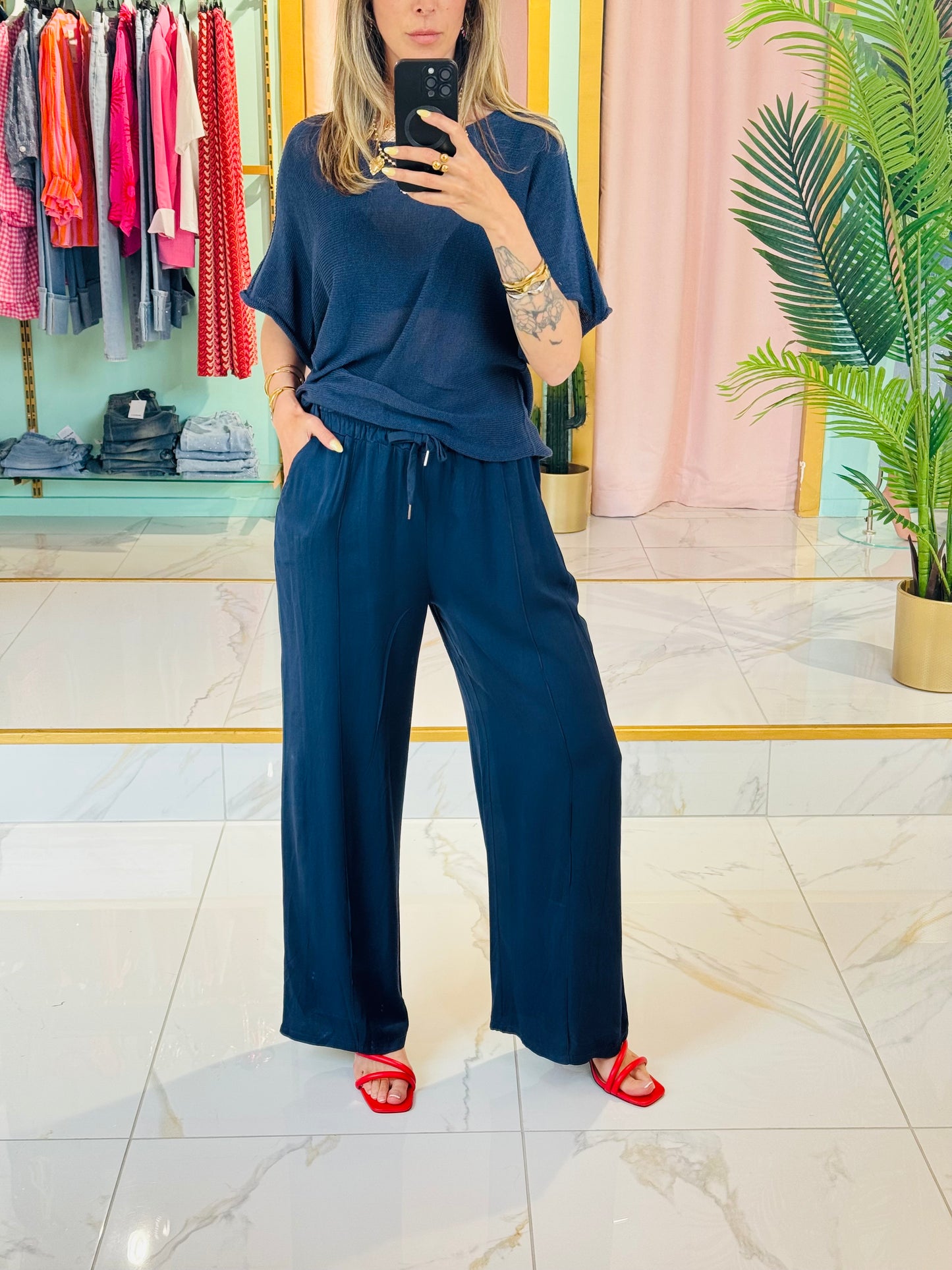 Pantalon fluide en viscose ceinture cordon bleu marine