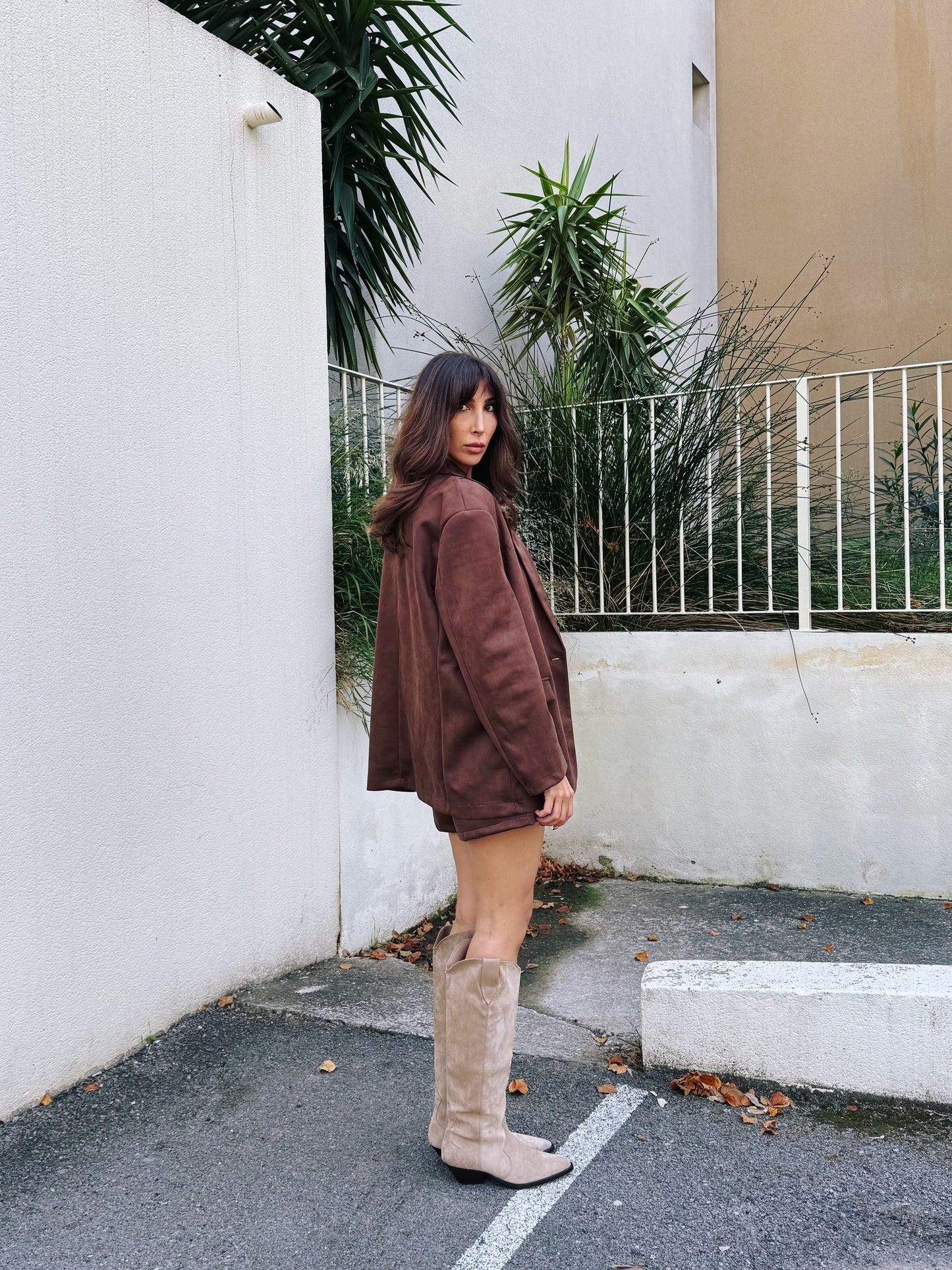 Veste tailleur façon nubuck chocolat