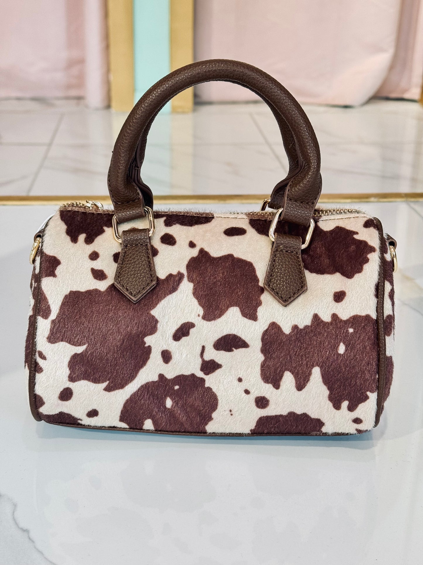 Sac bowling imprimé vache – Bandoulière réglable – Faux poils