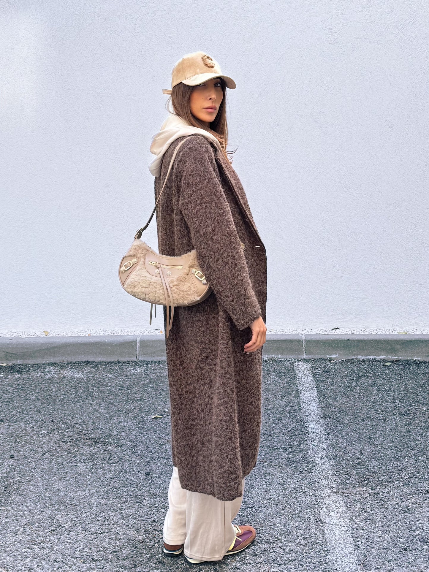 Manteau long façon laine bouillie marron