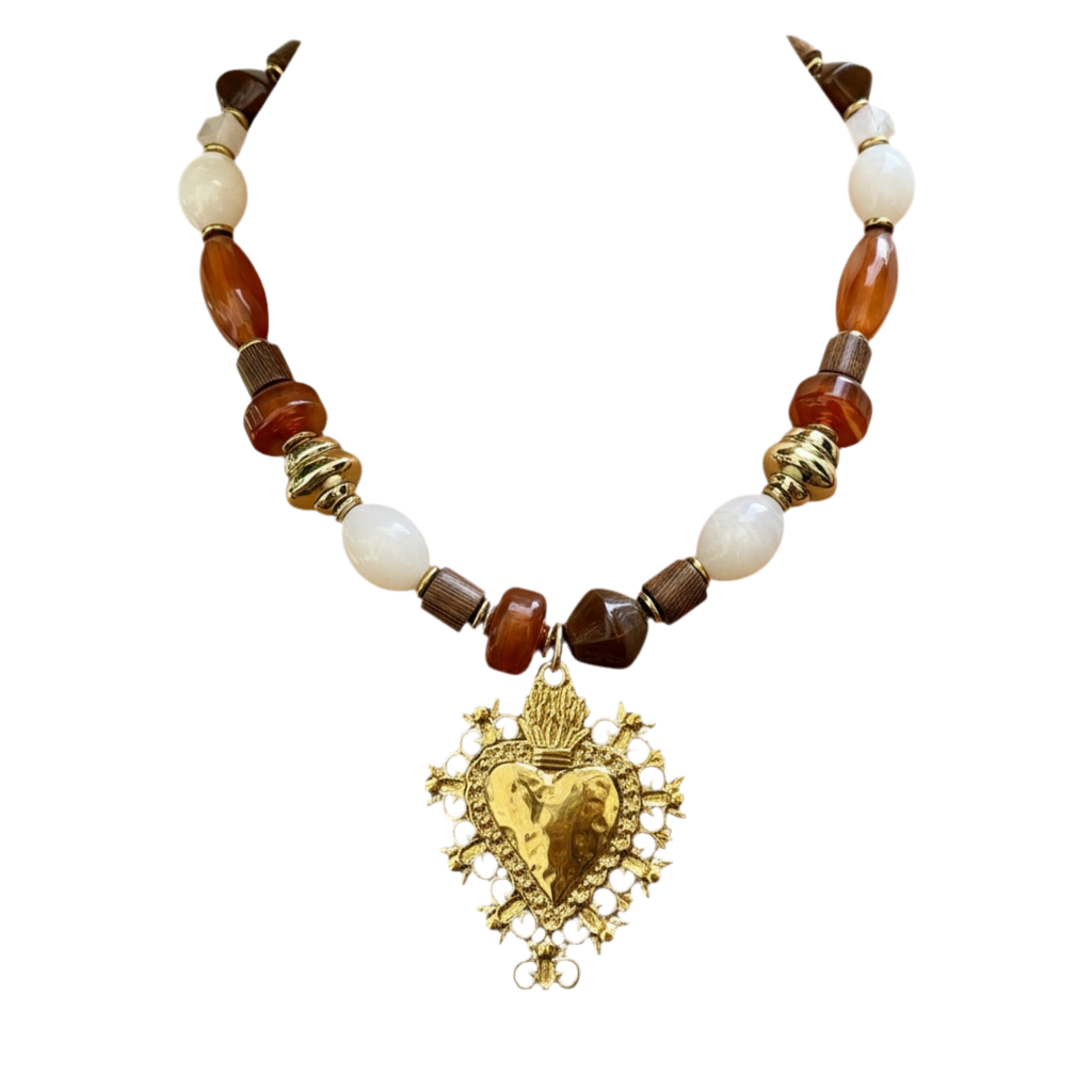Collier perle et cœur chocolat