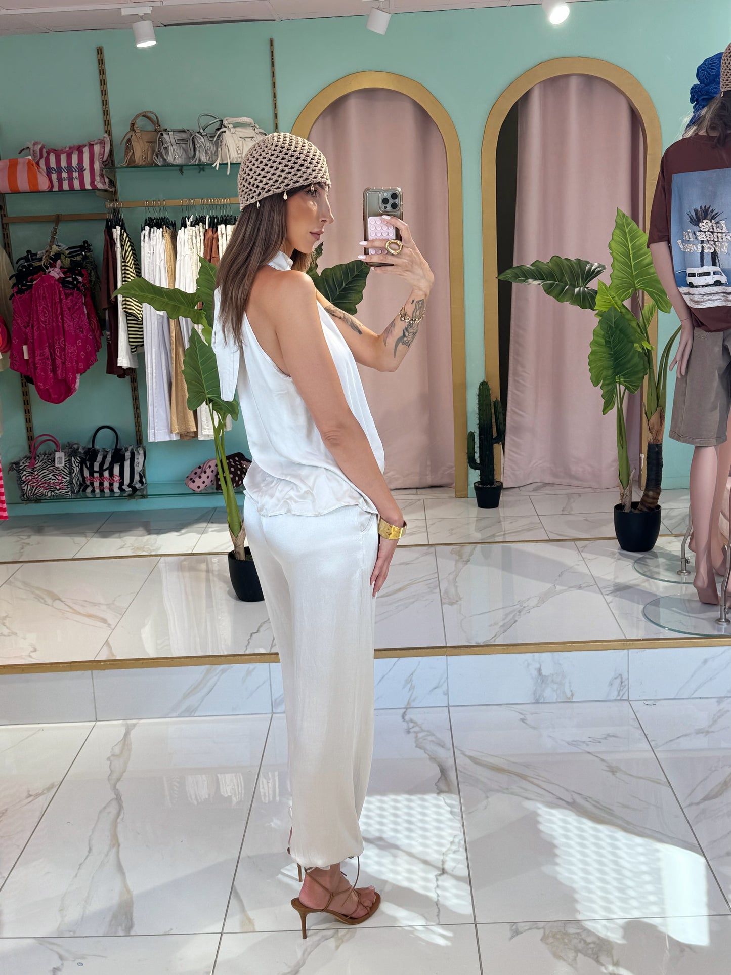 Top satiné noué - beige clair