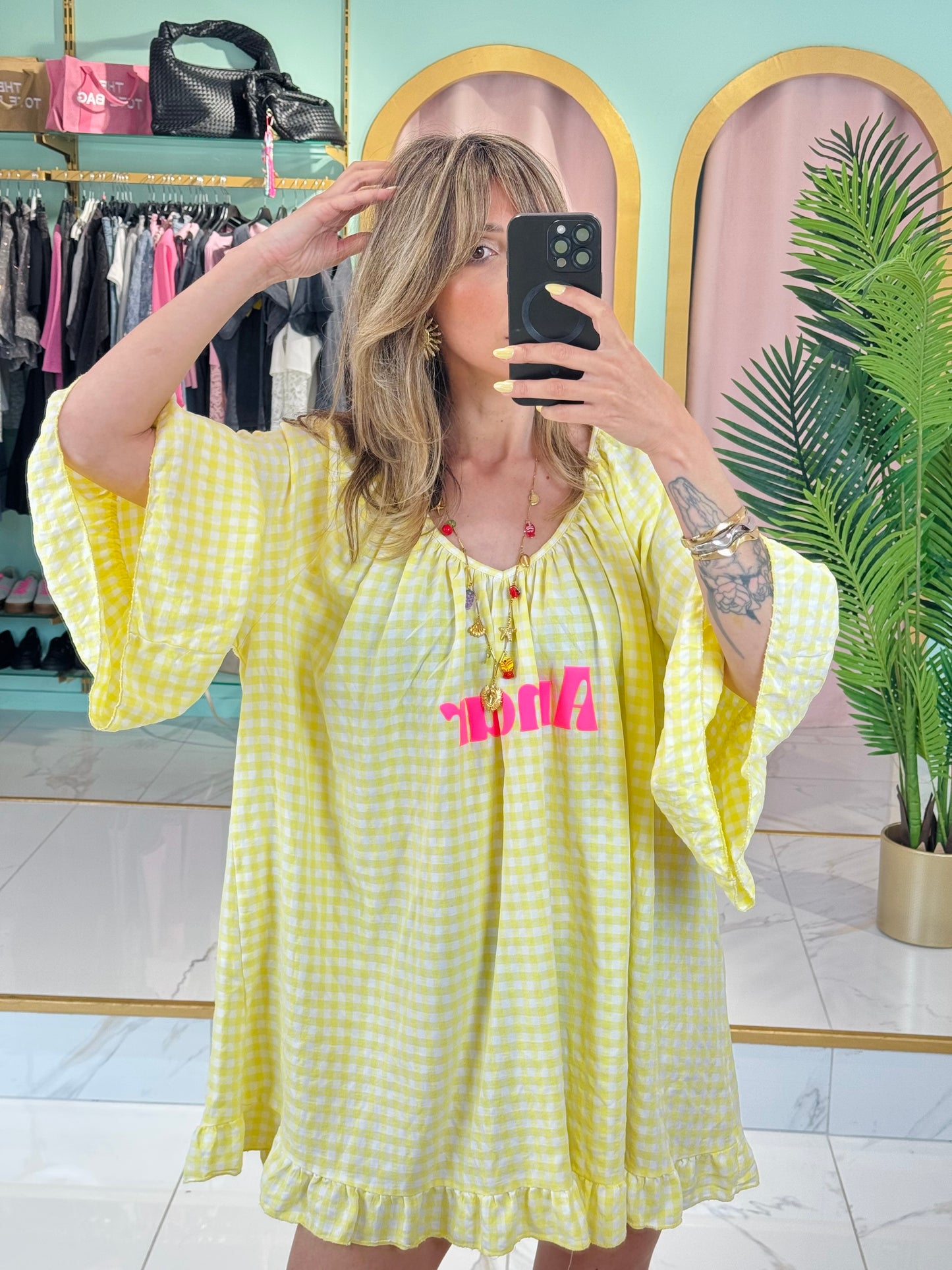 Robe trapèze à carreaux « Amour » – Jaune