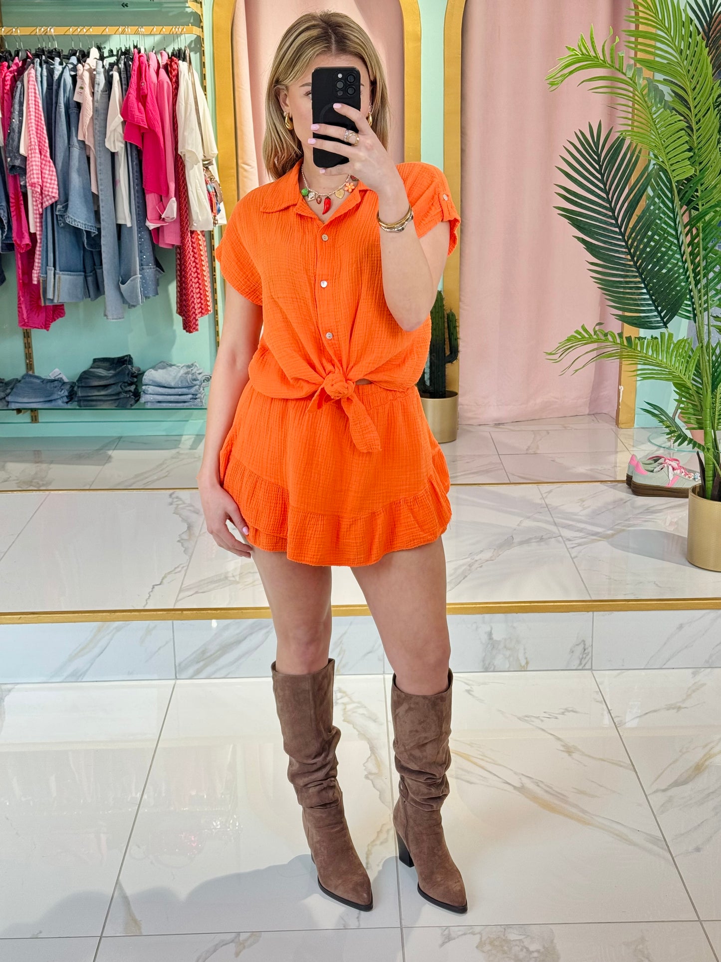 Jupe-short à volants en gaze de coton – orange