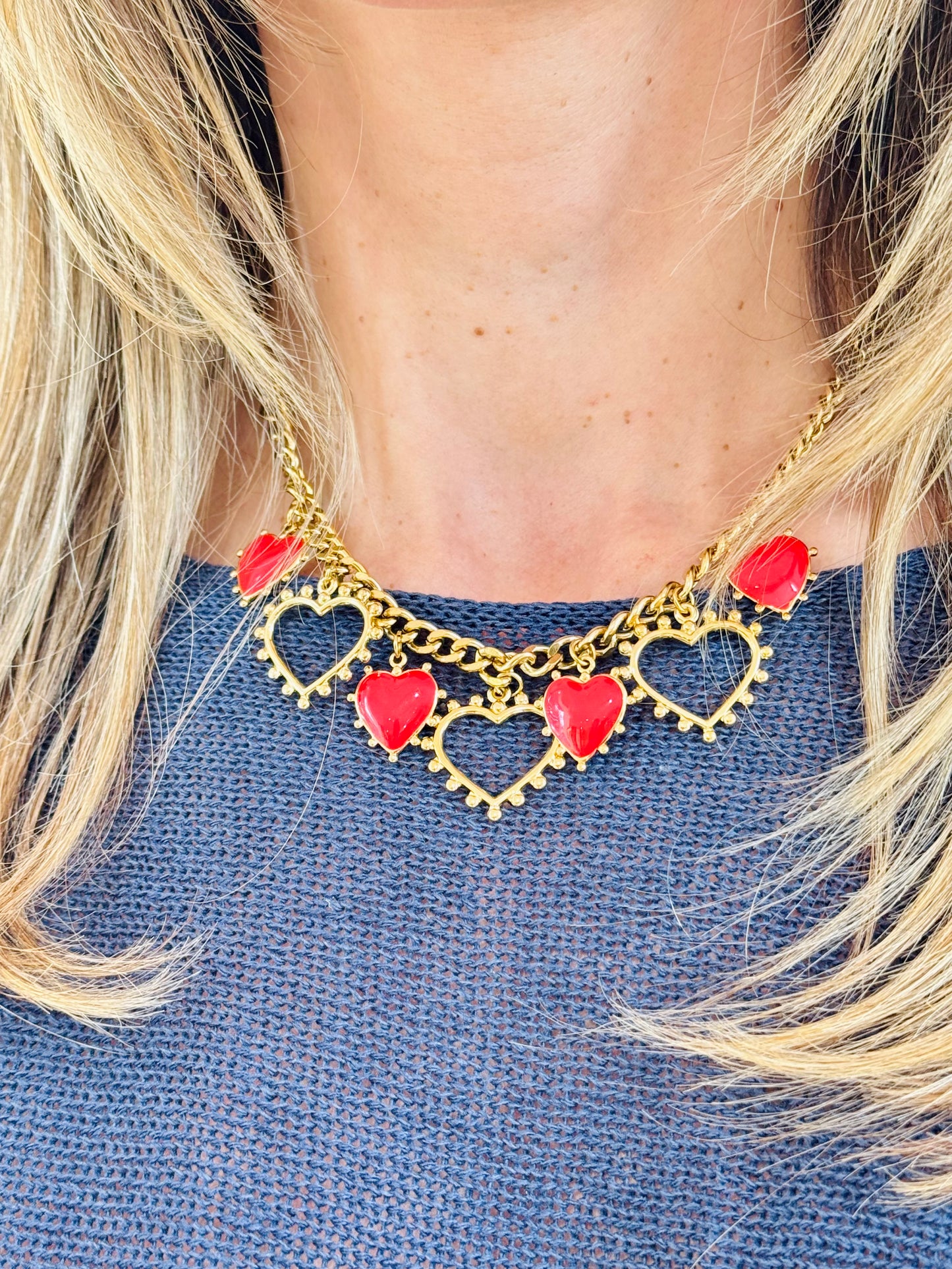 Collier multi cœurs rouge & or