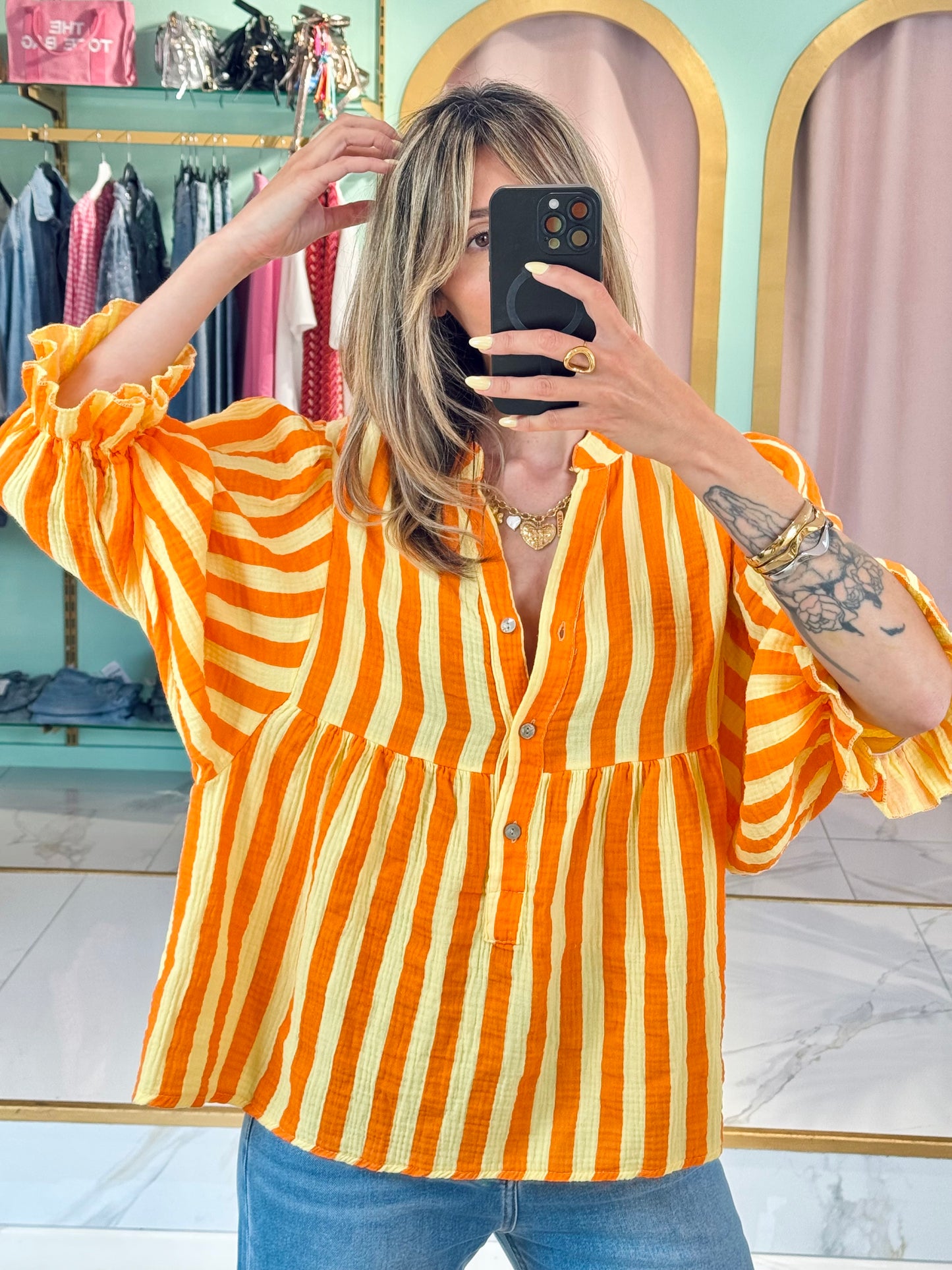 Blouse rayée en gaz de coton jaune et orange