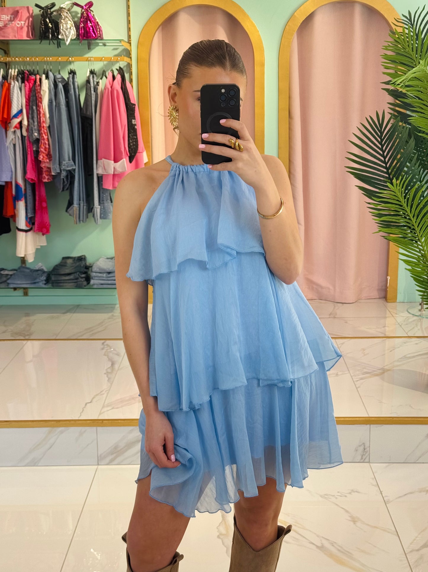 Robe trapèze à volants bleu