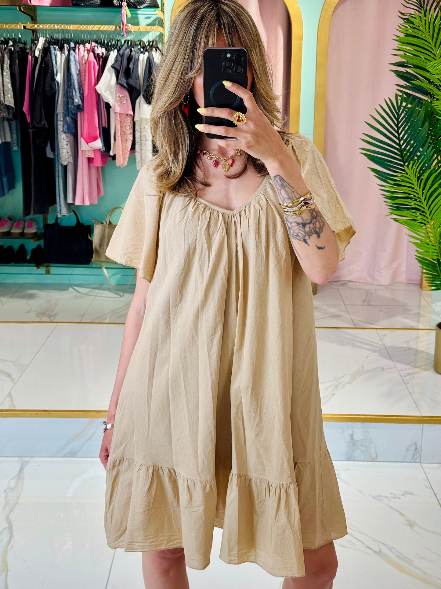 Robe coton col V dos noué - Camel