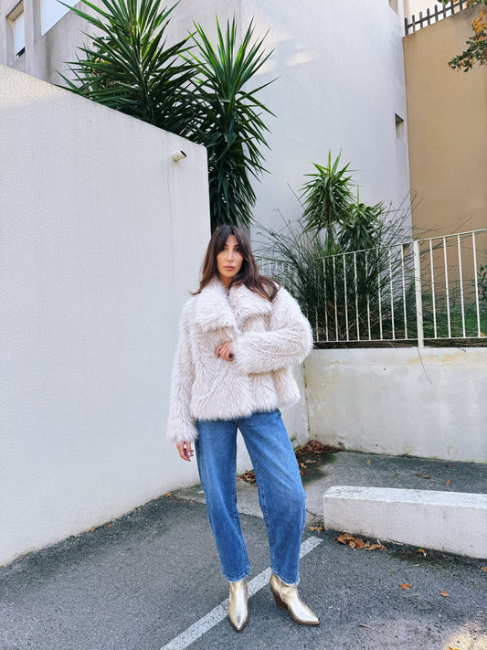 Manteau fausse fourrure écru