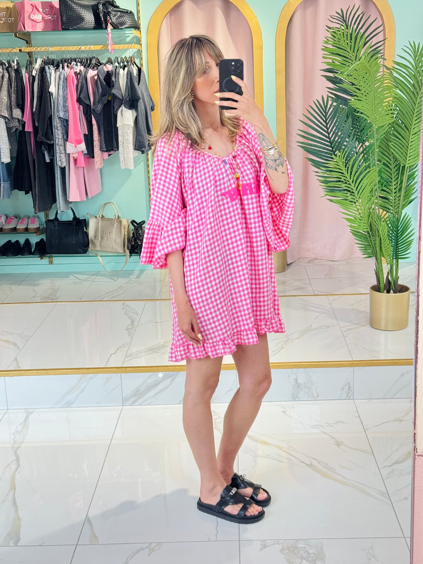Robe trapèze à carreaux « Amour » – Rose